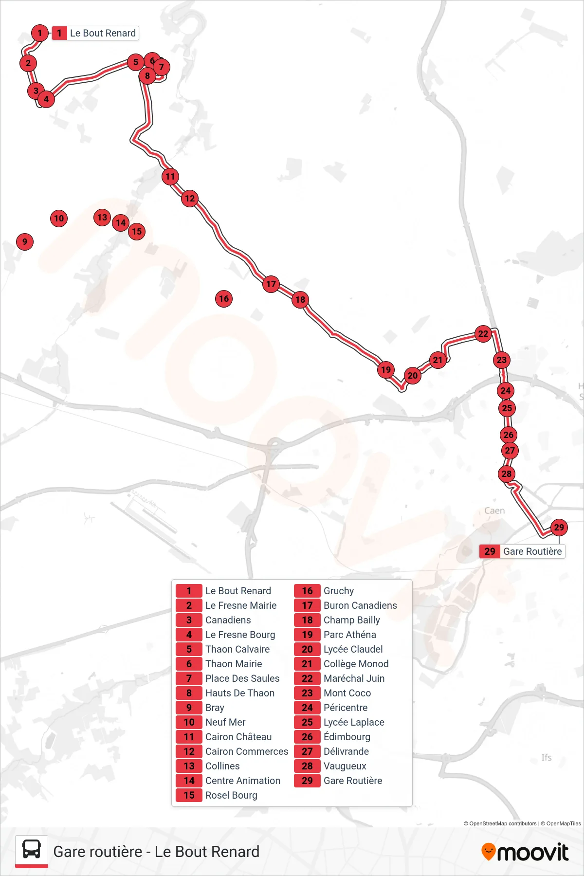Tracé et arrêts de la ligne NOMAD 103 de tram (Creully / Caen) sur une carte