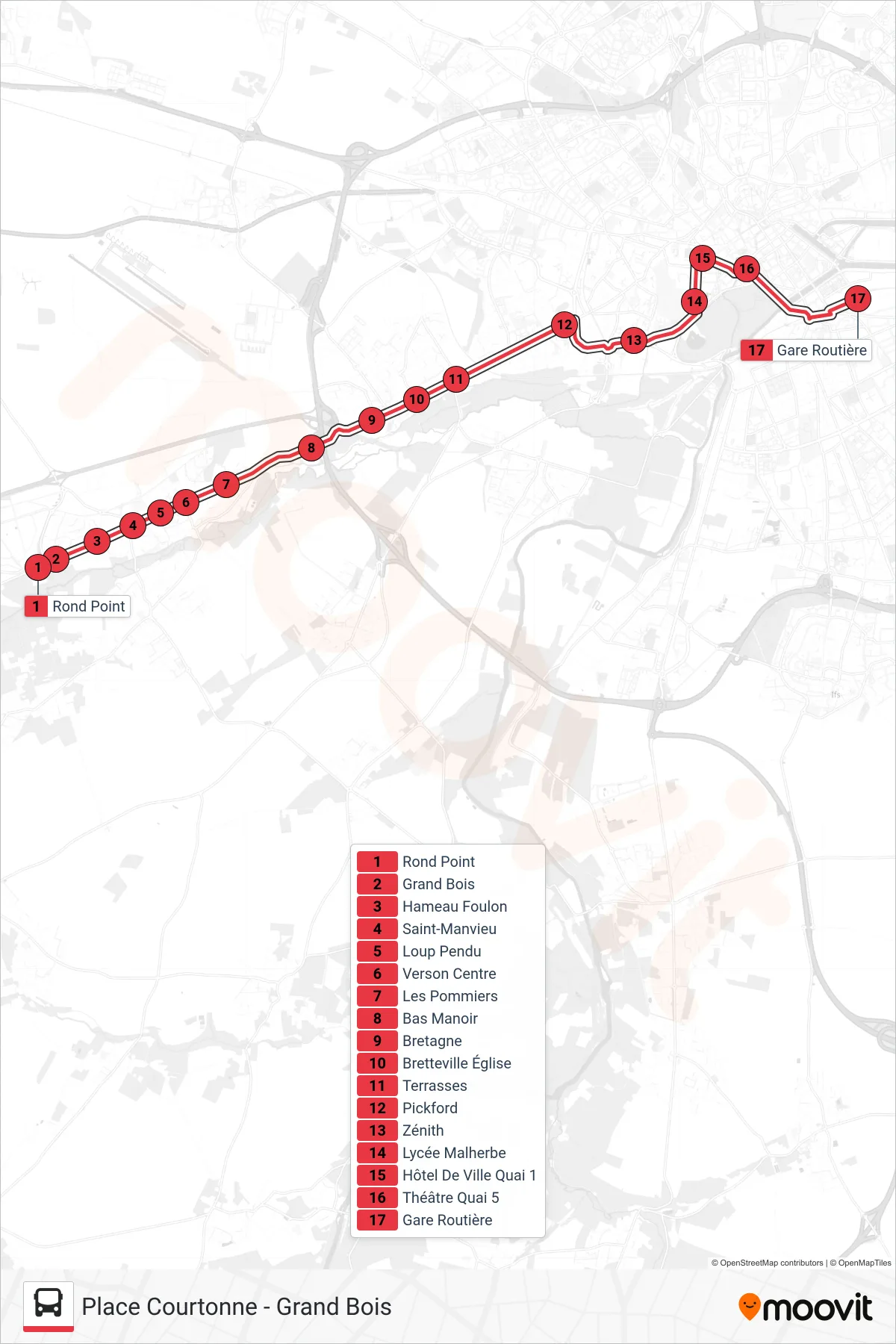 NOMAD 104 tram Line (Caen Gare Routière) route and stops on a map