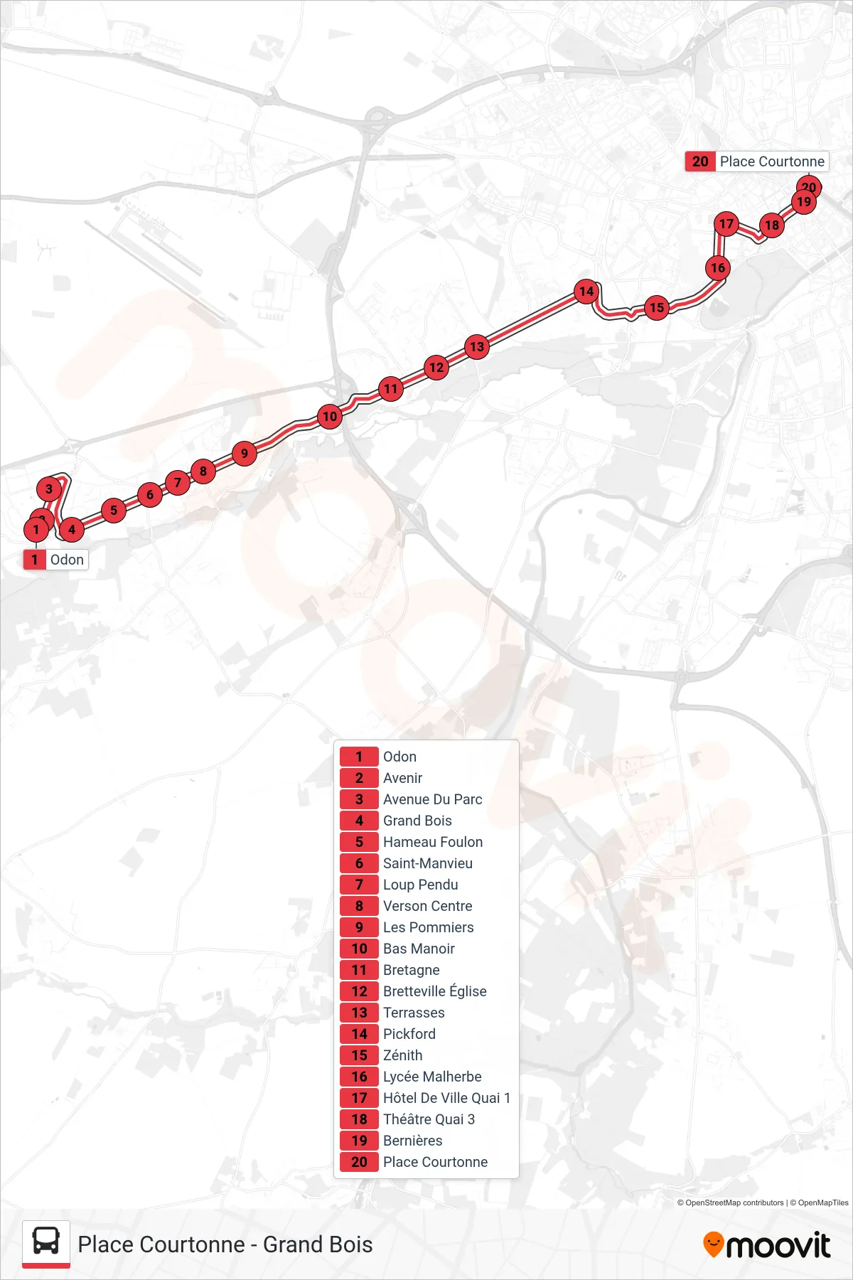 Tracé et arrêts de la ligne NOMAD 104 de tram (Caen Place Courtonne) sur une carte