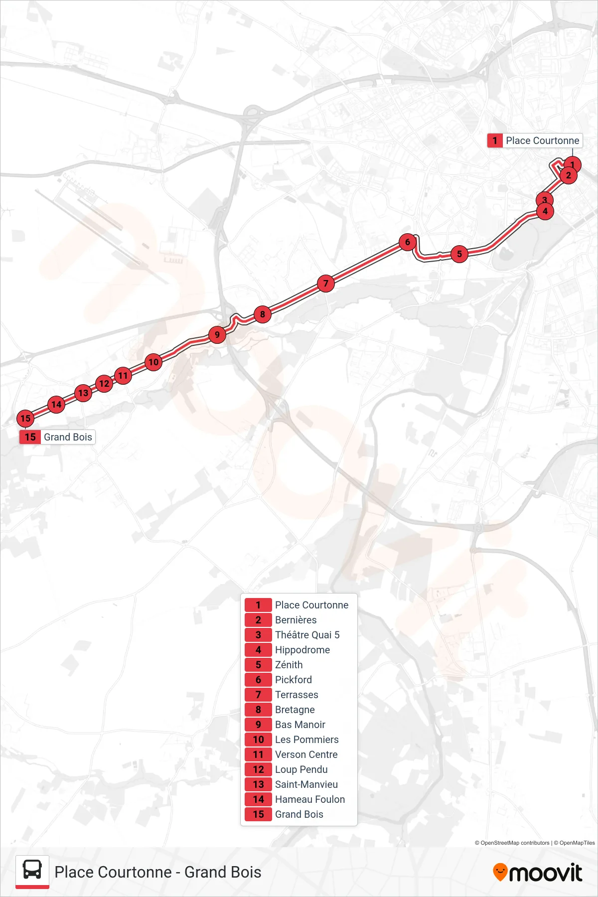 NOMAD 104 tram Line (Caen / Fontaine Etoupefour) route and stops on a map