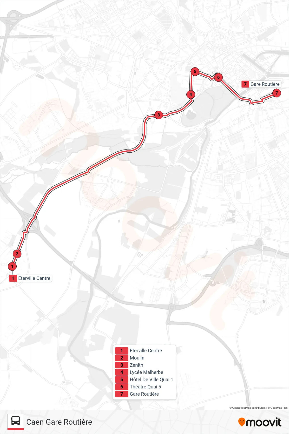 NOMAD 105 tram Line (Caen Gare Routière) route and stops on a map