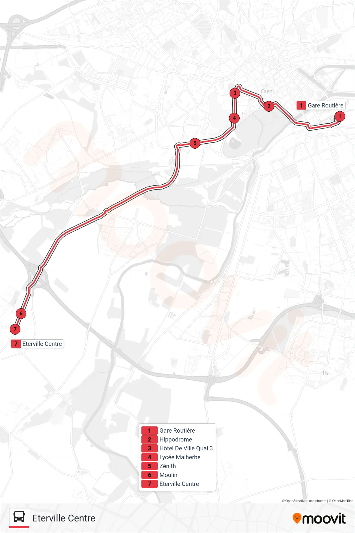 Tracé et arrêts de la ligne NOMAD 105 de tram (Eterville Centre) sur une carte