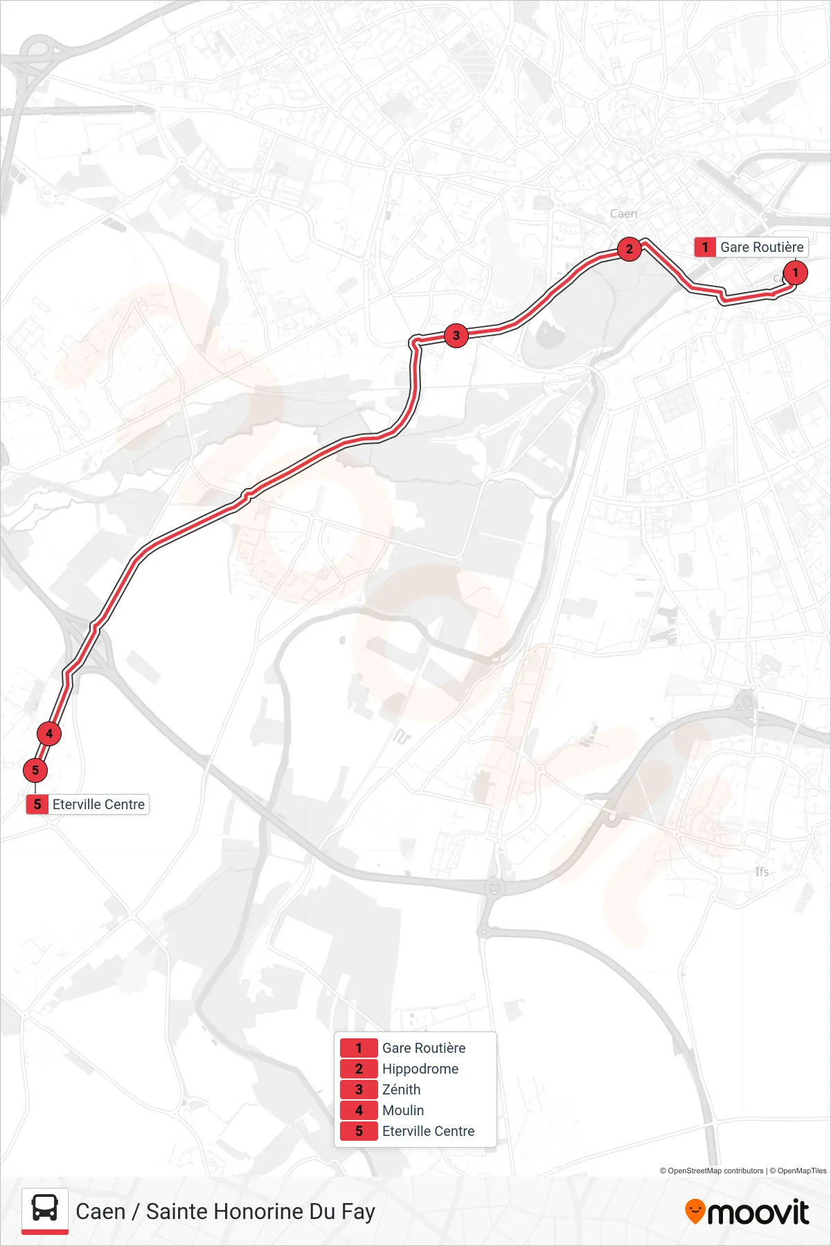 NOMAD 105 tram Line (Caen / Sainte Honorine Du Fay) route and stops on a map