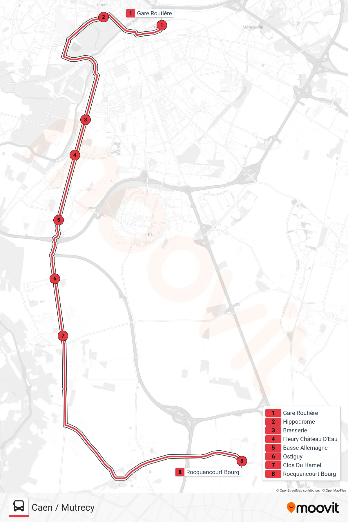 Recorrido y paradas de la línea NOMAD 107 de autobús (Caen / Mutrecy) en el mapa