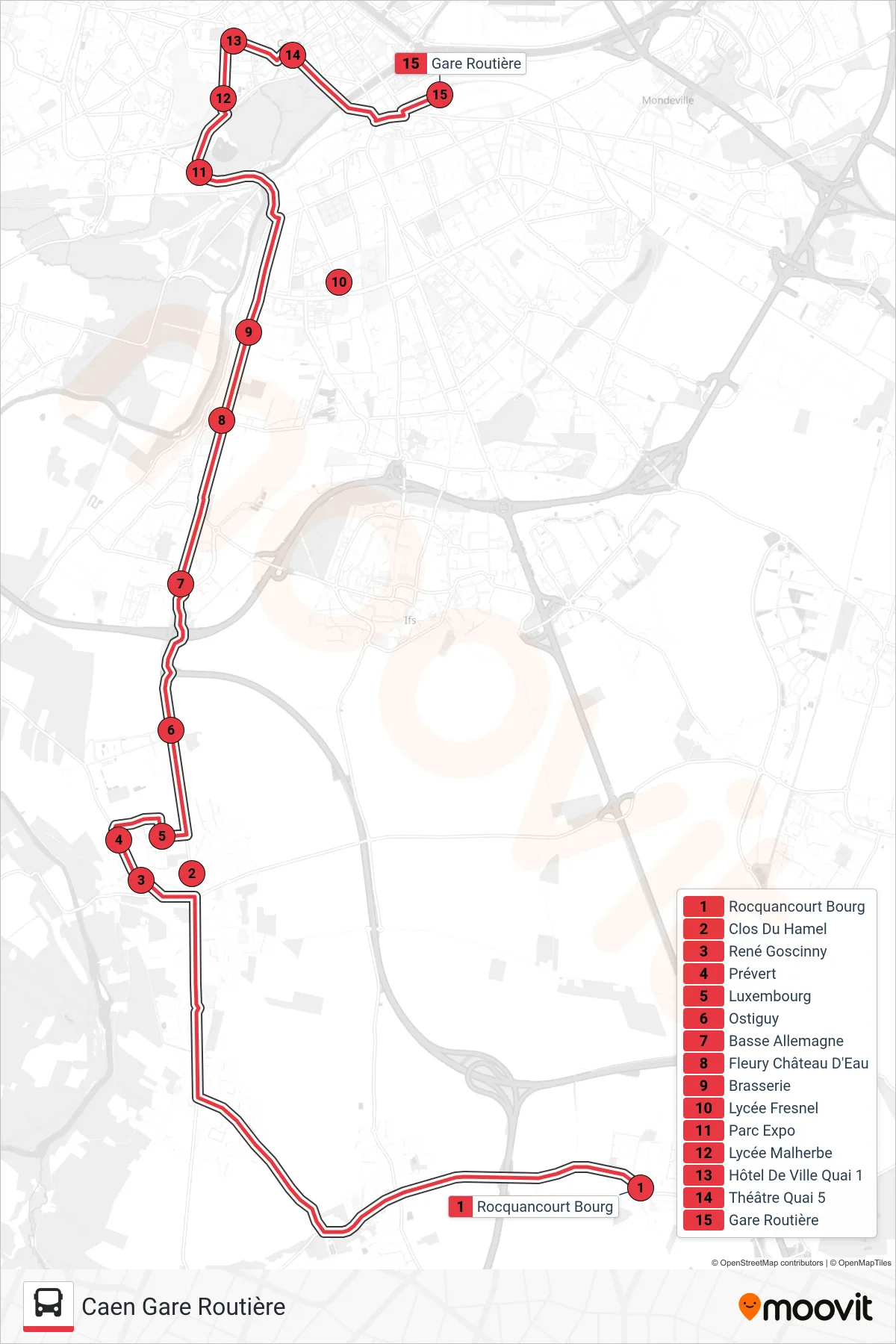 Tracé et arrêts de la ligne NOMAD 107 de bus (Caen Gare Routière) sur une carte