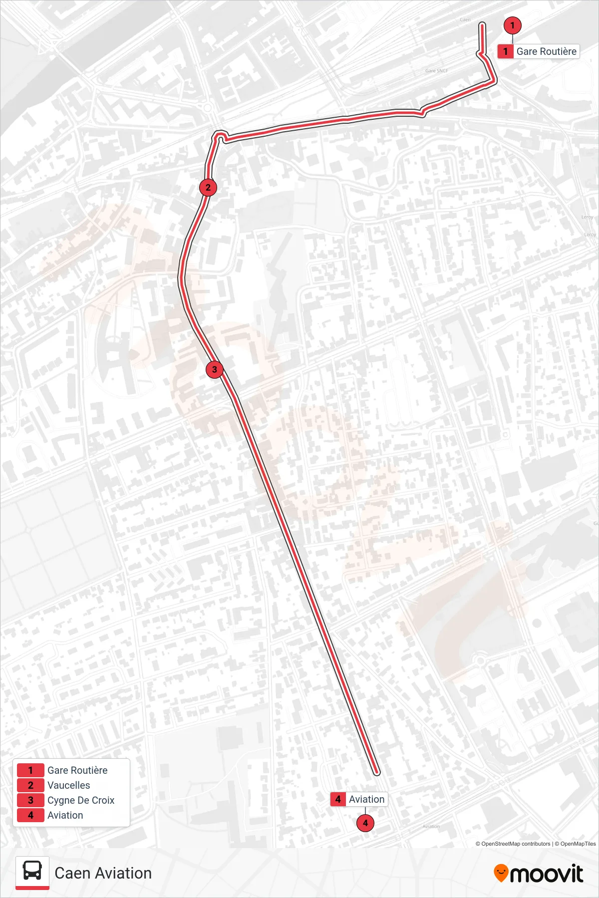NOMAD 108 tram Line (Caen Aviation) route and stops on a map