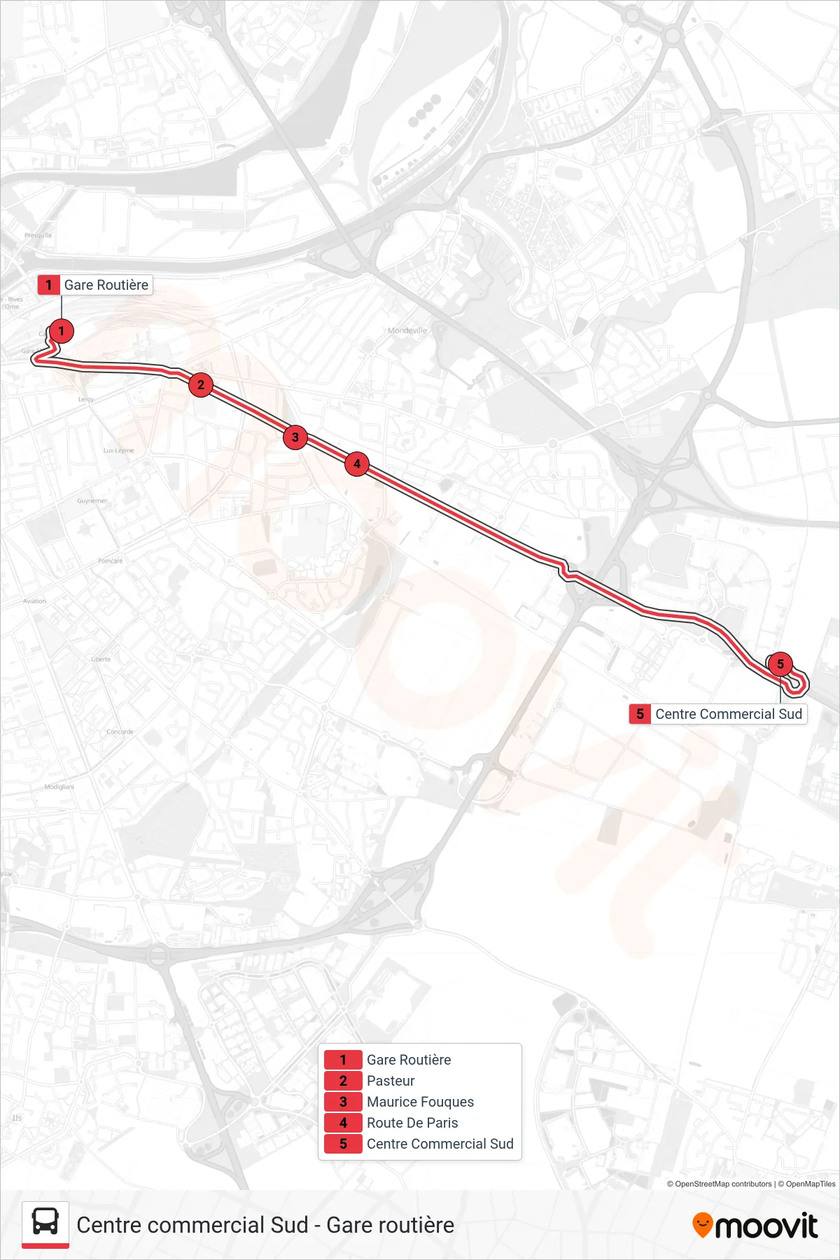 NOMAD 109 tram Line (Mondeville Centre Commercial Sud) route and stops on a map