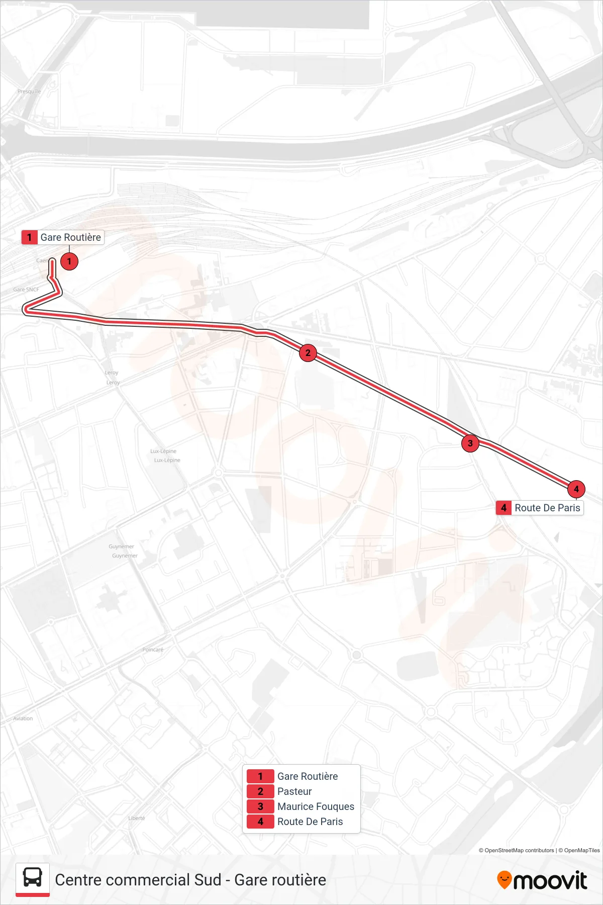 Tracé et arrêts de la ligne NOMAD 109 de tram (Mondeville Route De Paris) sur une carte