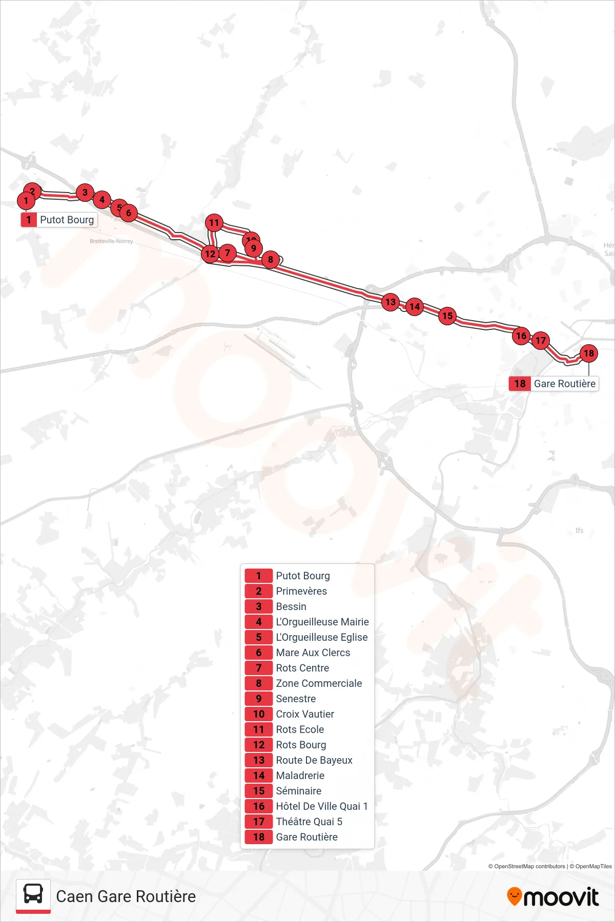 NOMAD 114 tram Line (Caen Gare Routière) route and stops on a map