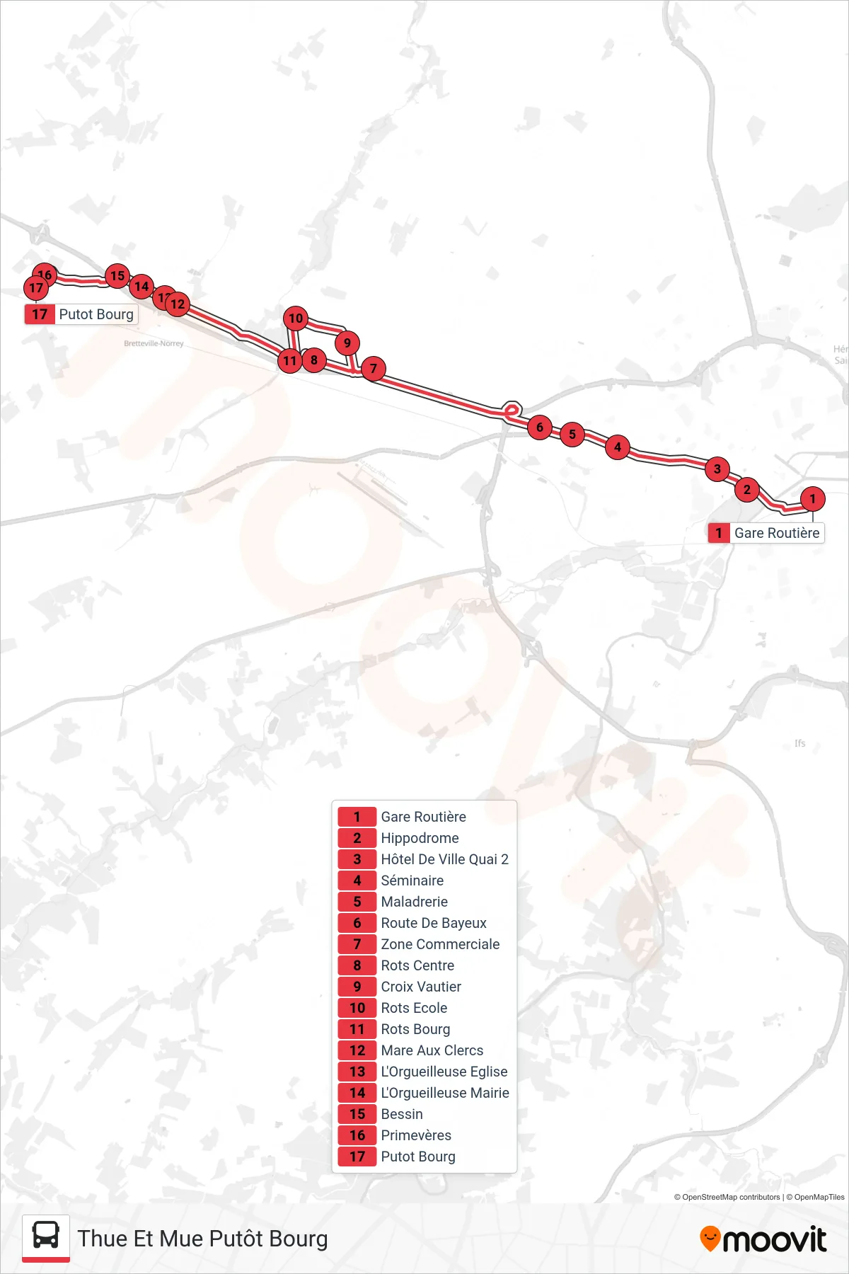 Tracé et arrêts de la ligne NOMAD 114 de tram (Thue Et Mue Putôt Bourg) sur une carte