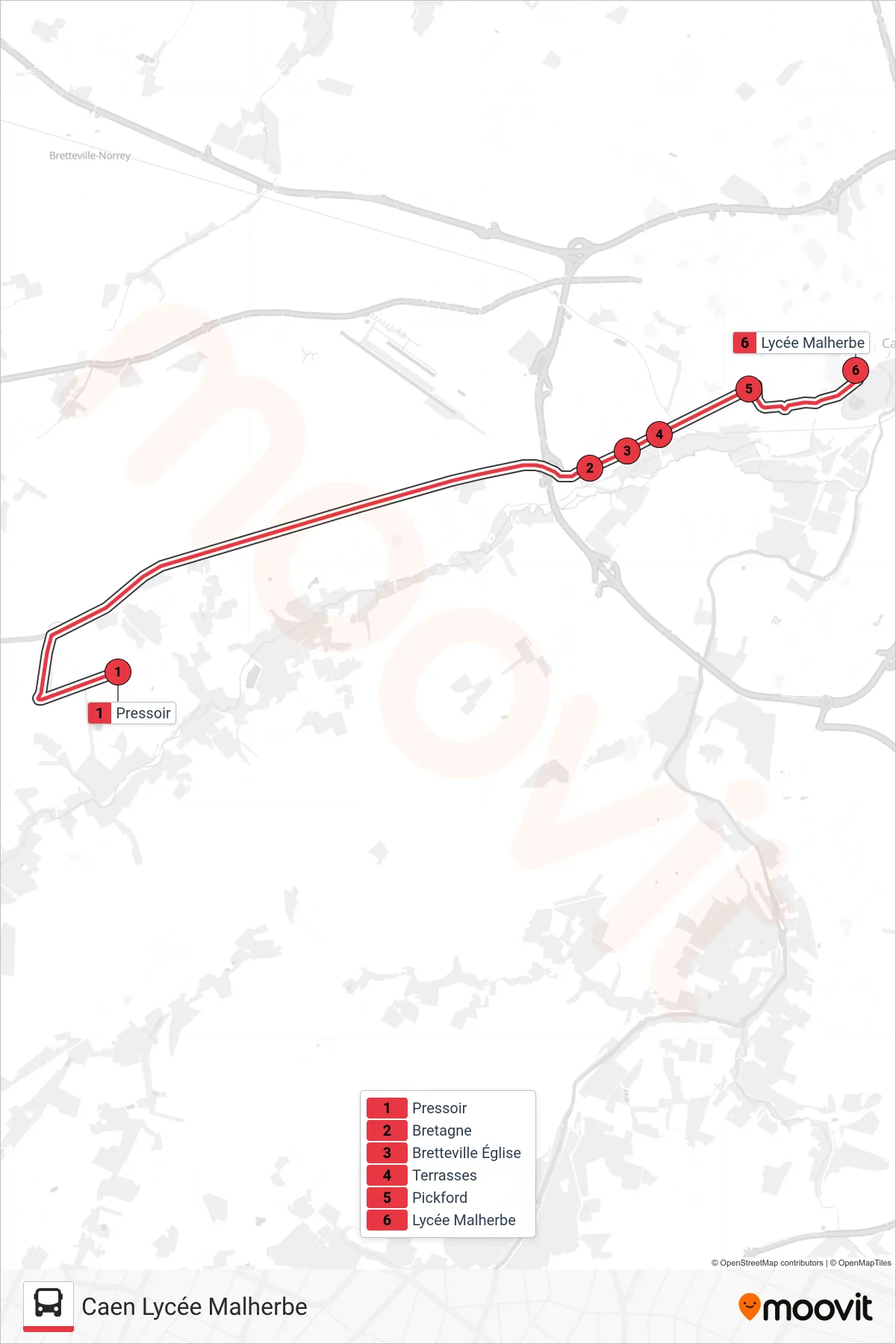 Tracé et arrêts de la ligne NOMAD 115 de tram (Caen Lycée Malherbe) sur une carte