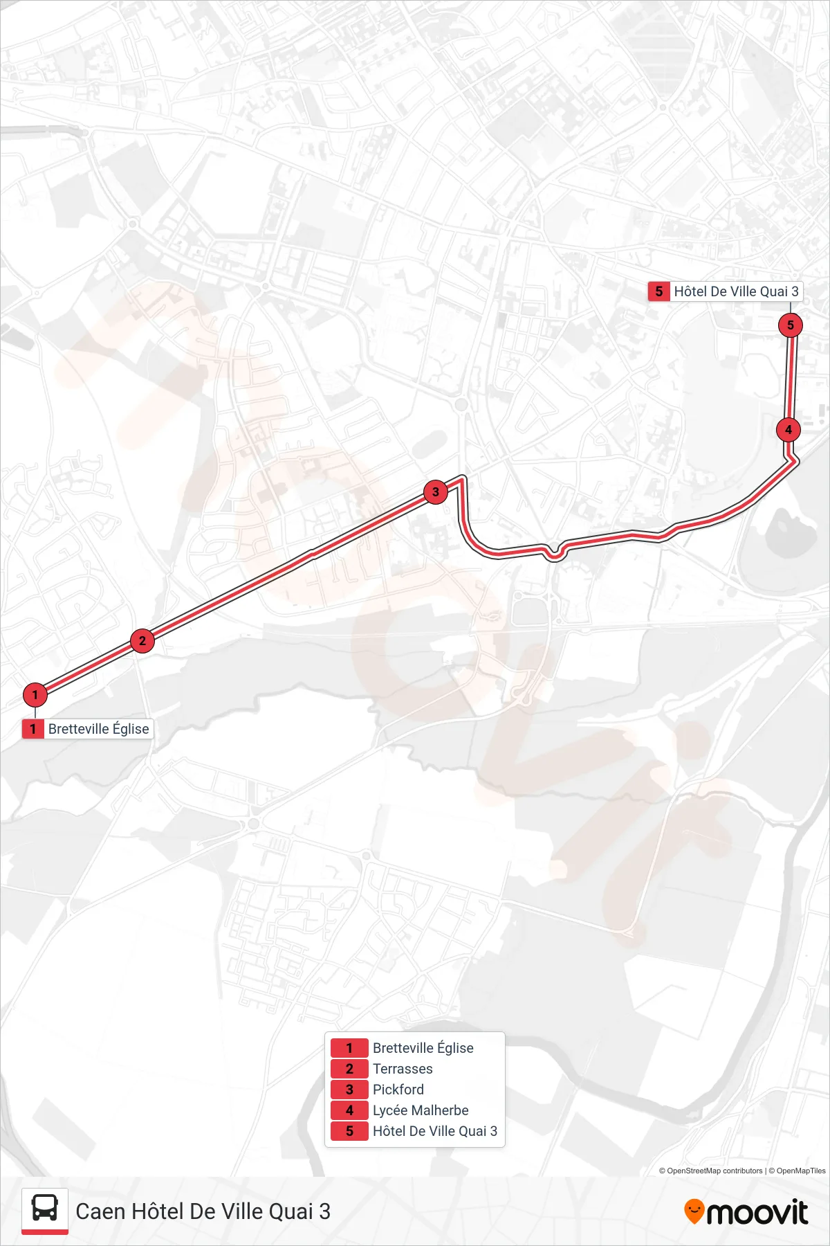 Tracé et arrêts de la ligne NOMAD 115 de tram (Caen Hôtel De Ville Quai 3) sur une carte