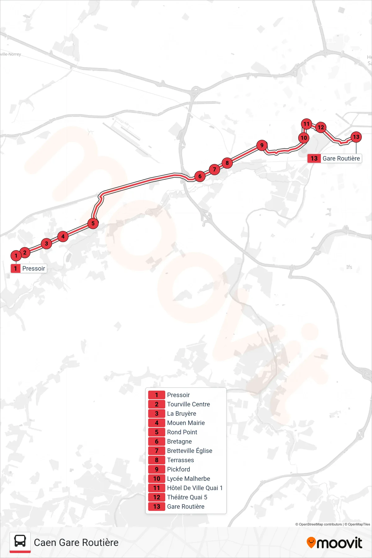 NOMAD 115 tram Line (Caen Gare Routière) route and stops on a map