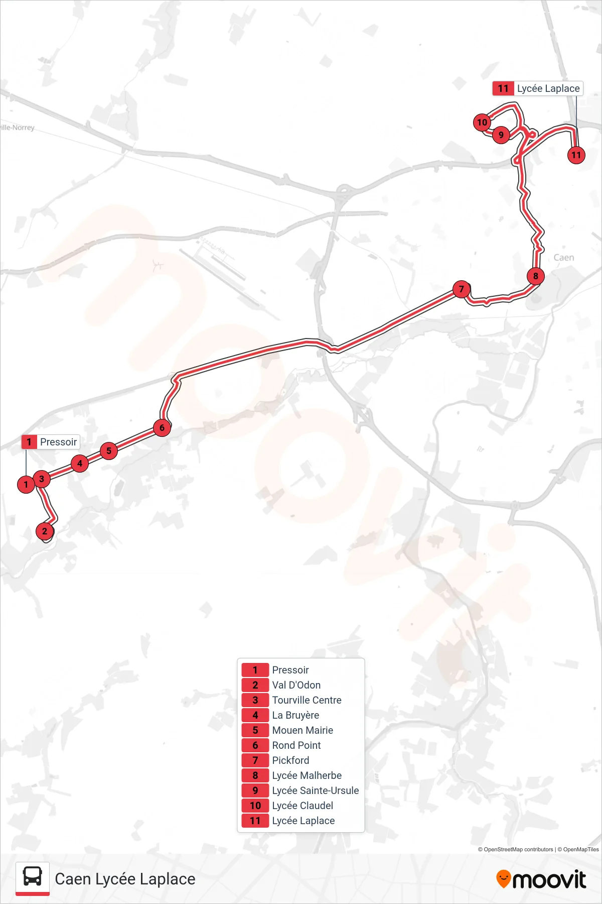 Tracé et arrêts de la ligne NOMAD 115 de tram (Caen Lycée Laplace) sur une carte