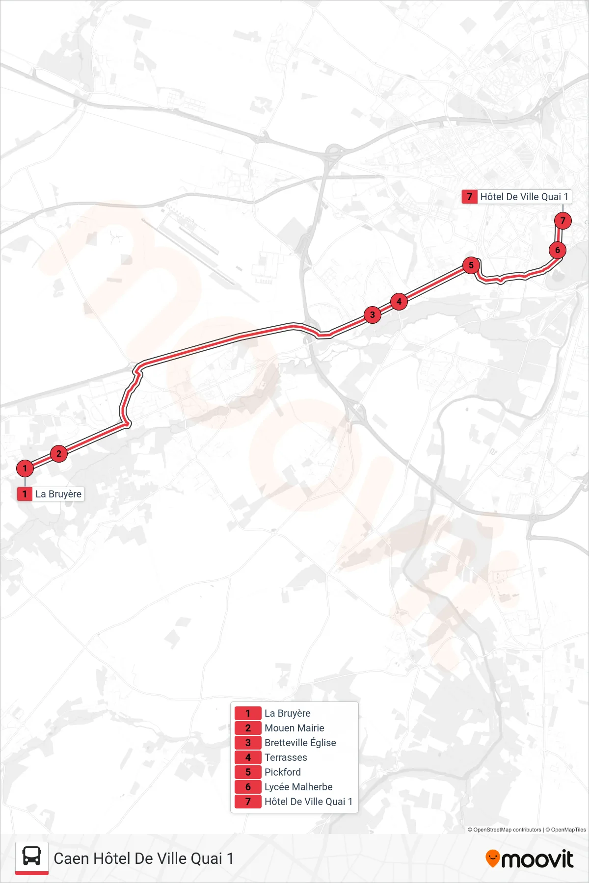 Tracé et arrêts de la ligne NOMAD 115 de tram (Caen Hôtel De Ville Quai 1) sur une carte