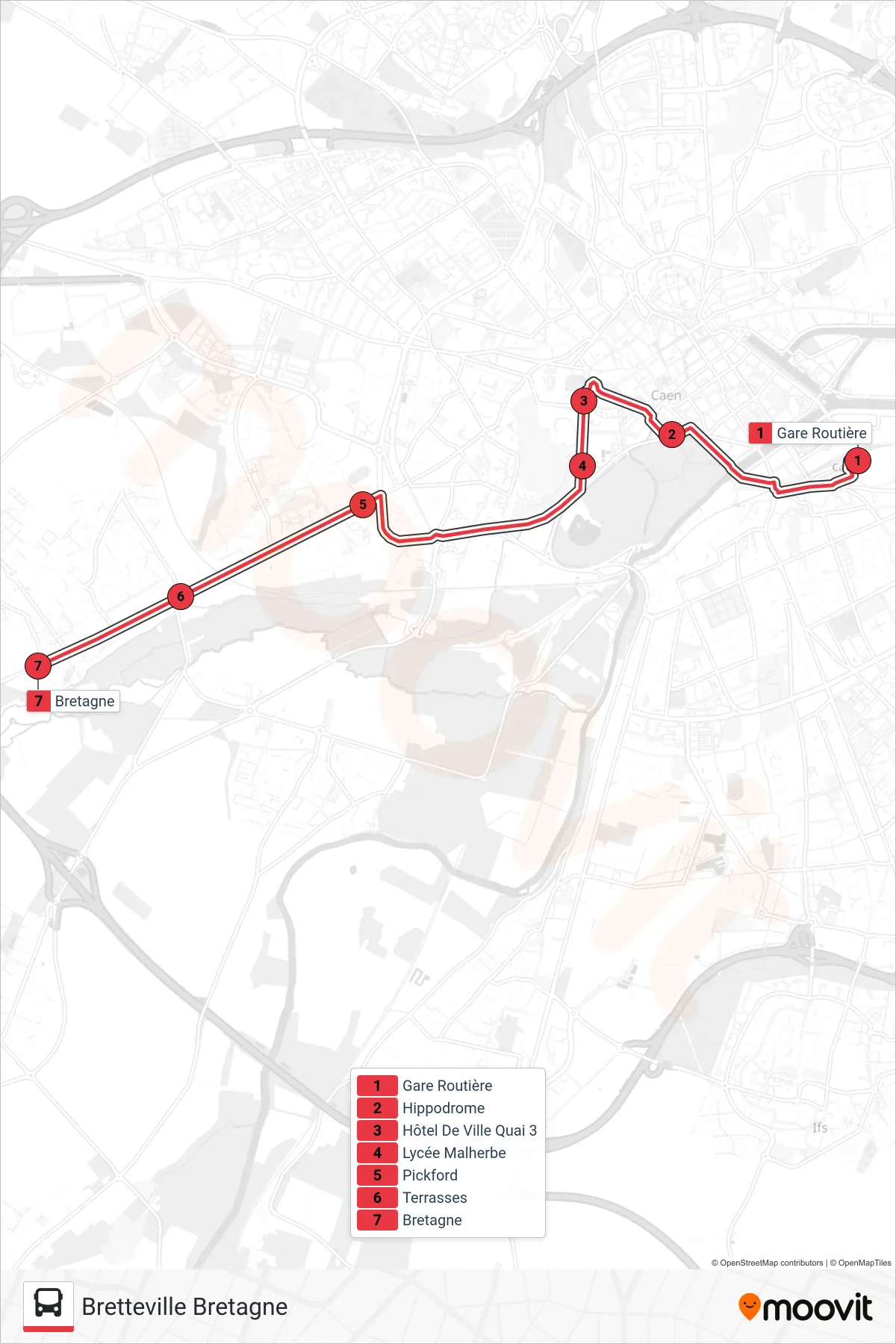 Tracé et arrêts de la ligne NOMAD 116 de tram (Bretteville Bretagne) sur une carte