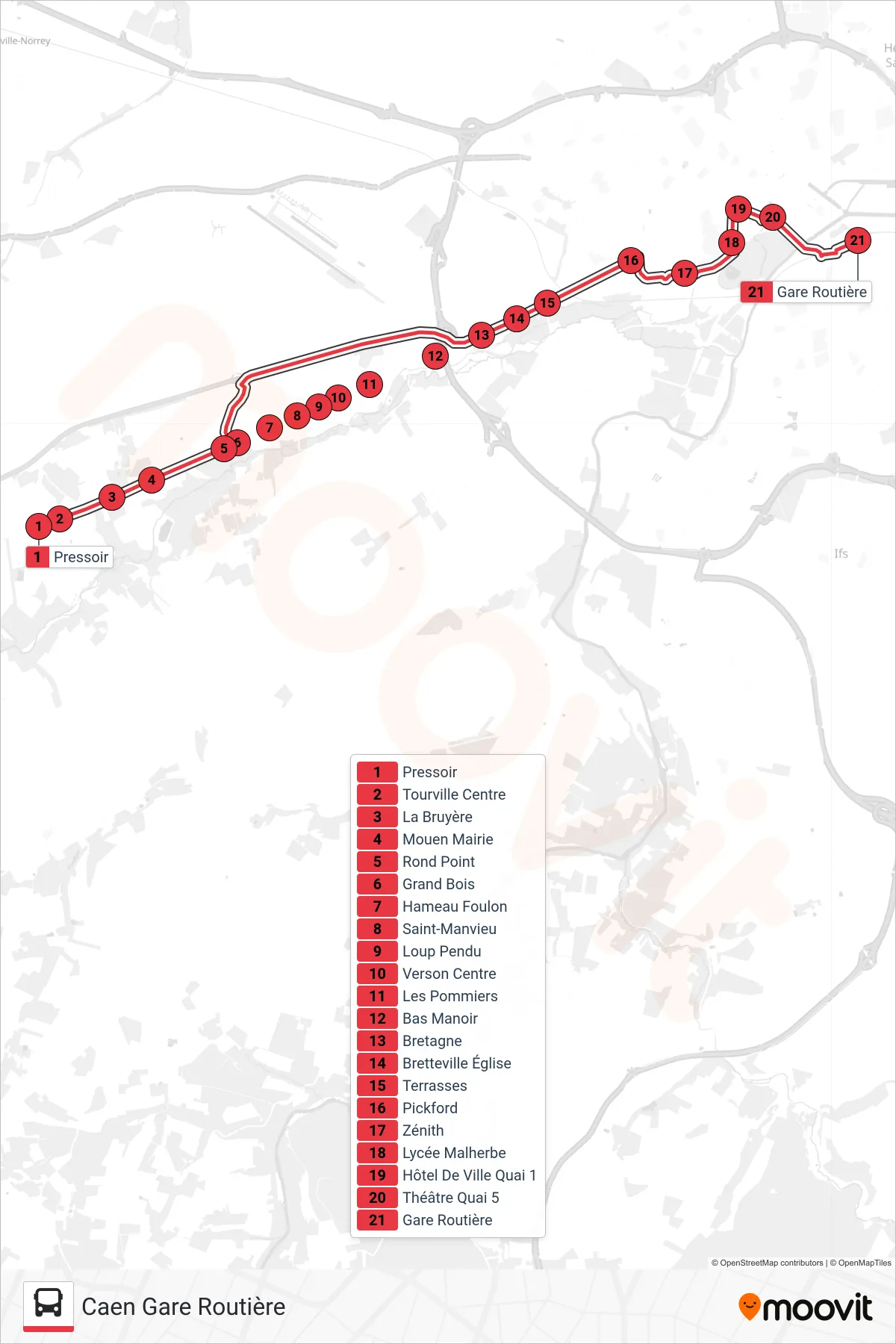 NOMAD 116 tram Line (Caen Gare Routière) route and stops on a map