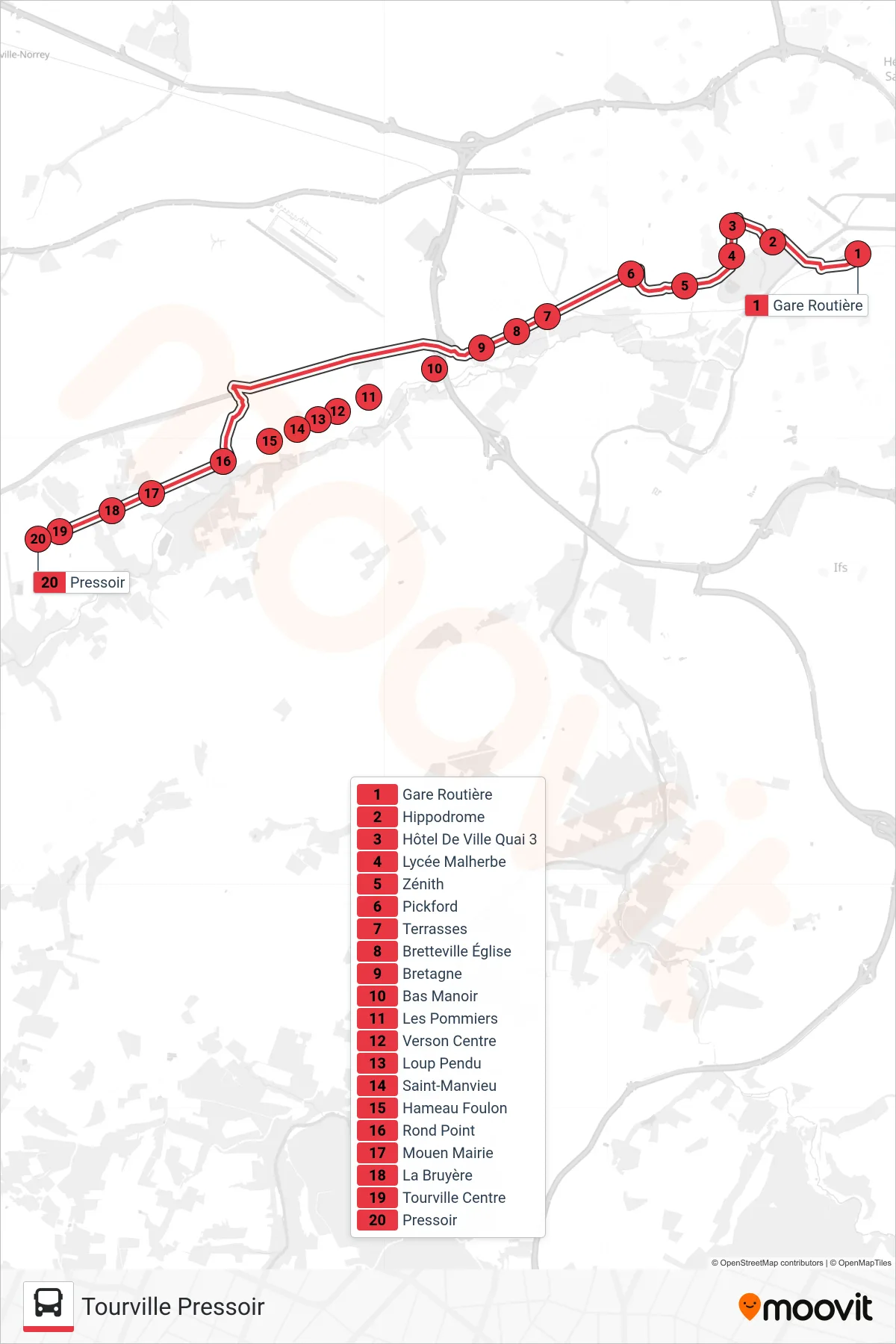Tracé et arrêts de la ligne NOMAD 116 de tram (Tourville Pressoir) sur une carte