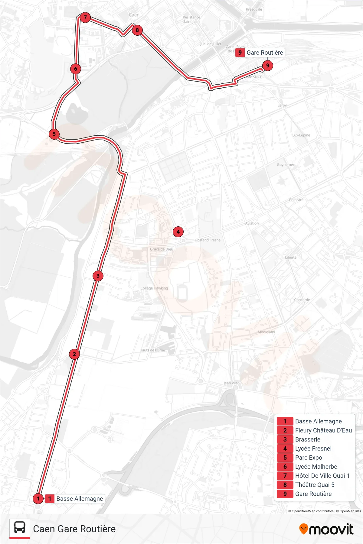 NOMAD 117 tram Line (Caen Gare Routière) route and stops on a map