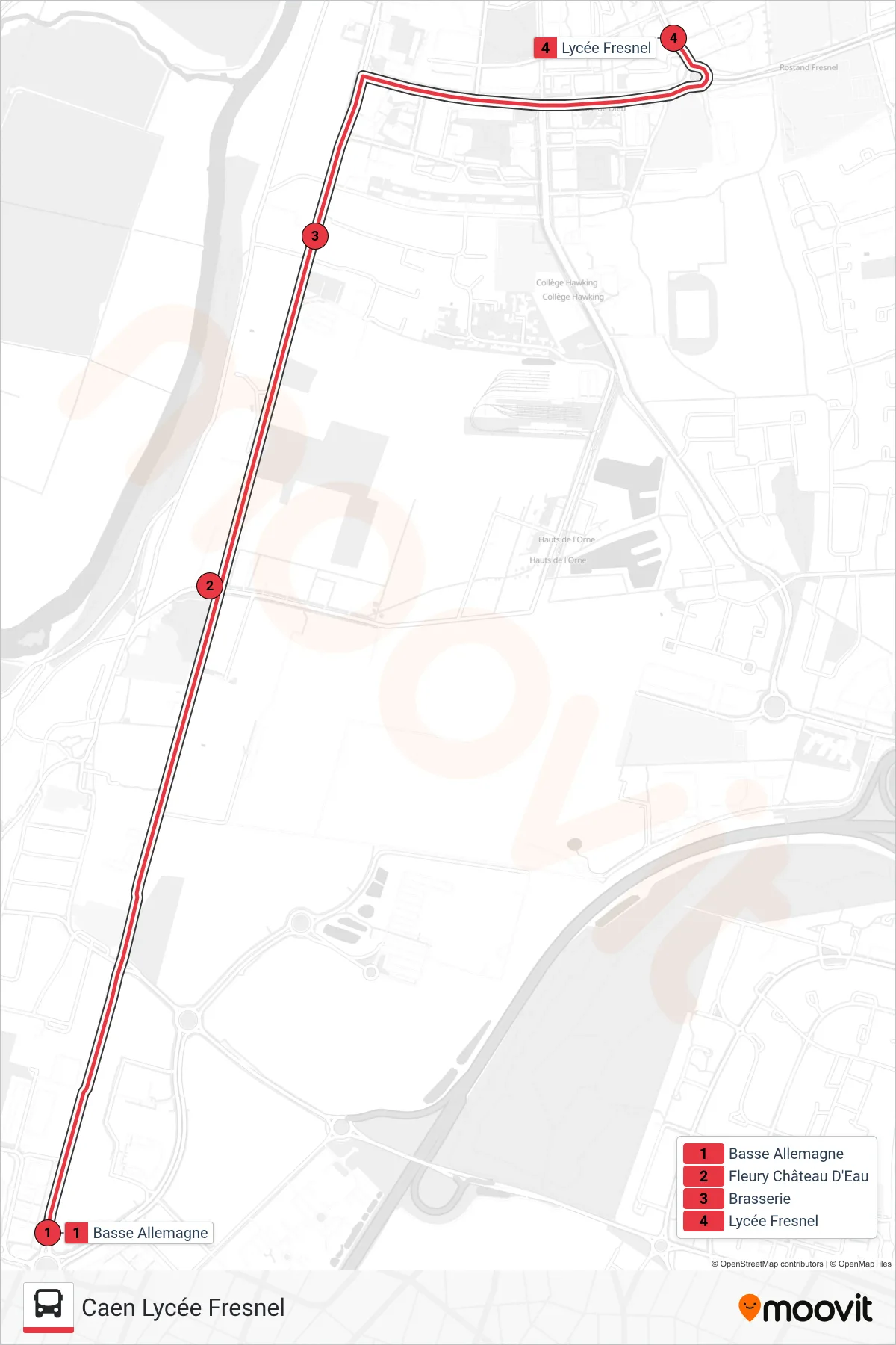 NOMAD 117 tram Line (Caen Lycée Fresnel) route and stops on a map