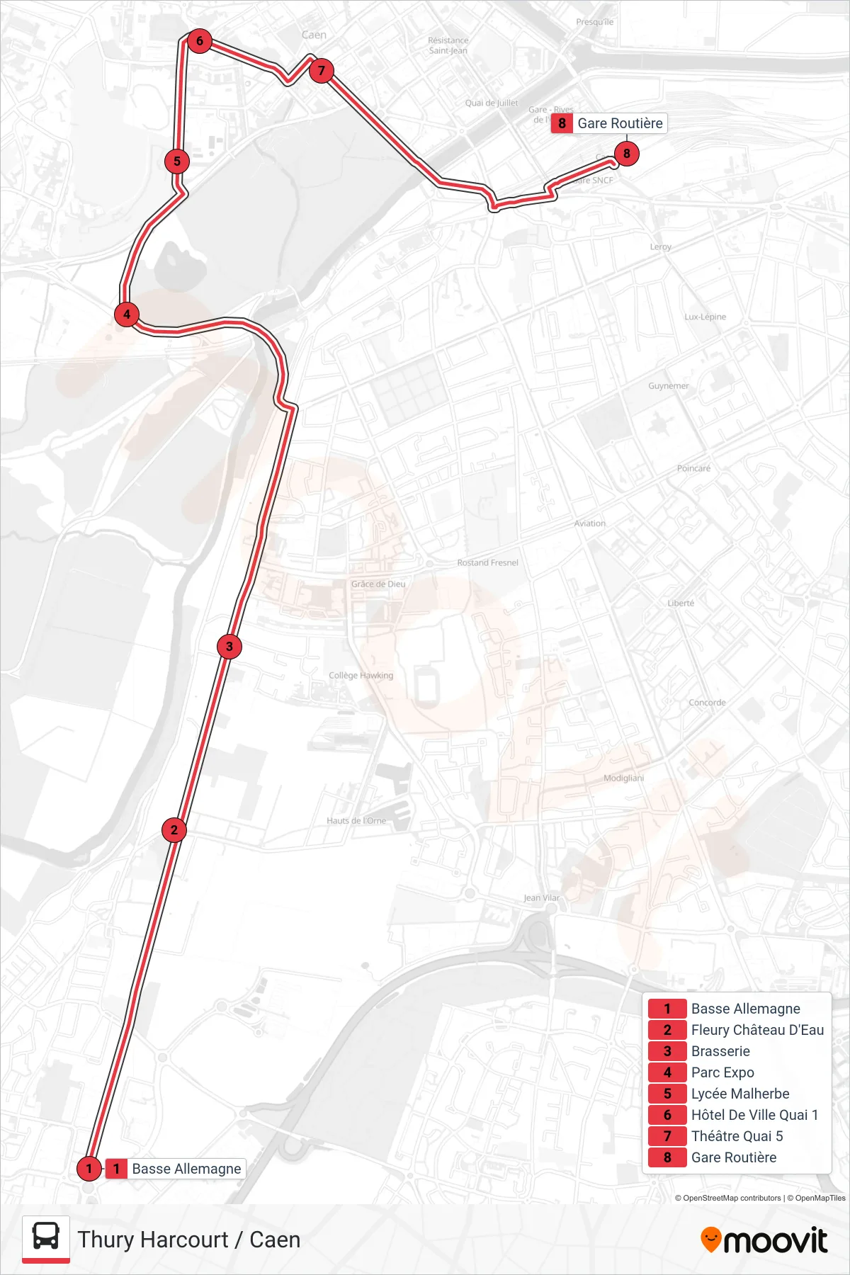 NOMAD 117 tram Line (Thury Harcourt / Caen) route and stops on a map