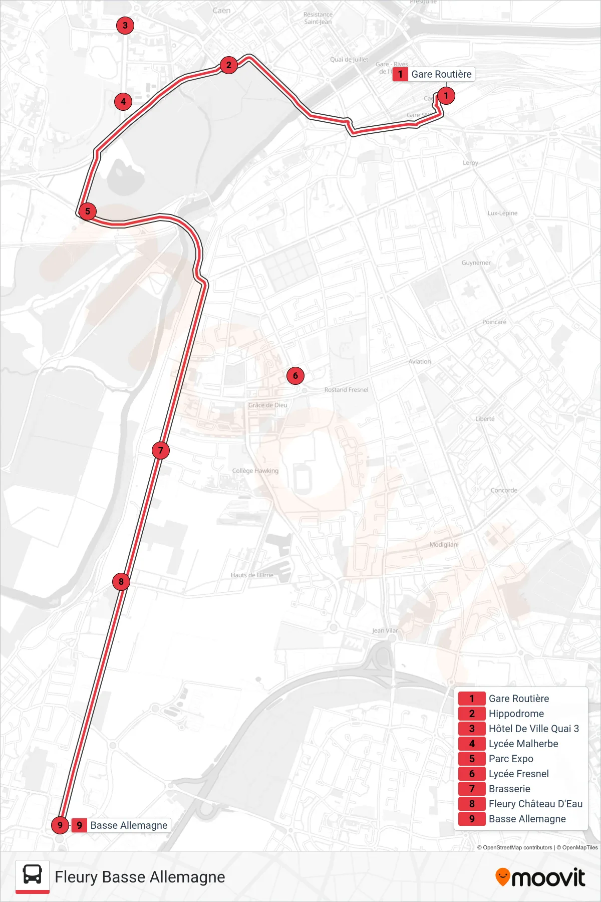 Tracé et arrêts de la ligne NOMAD 117 de tram (Fleury Basse Allemagne) sur une carte