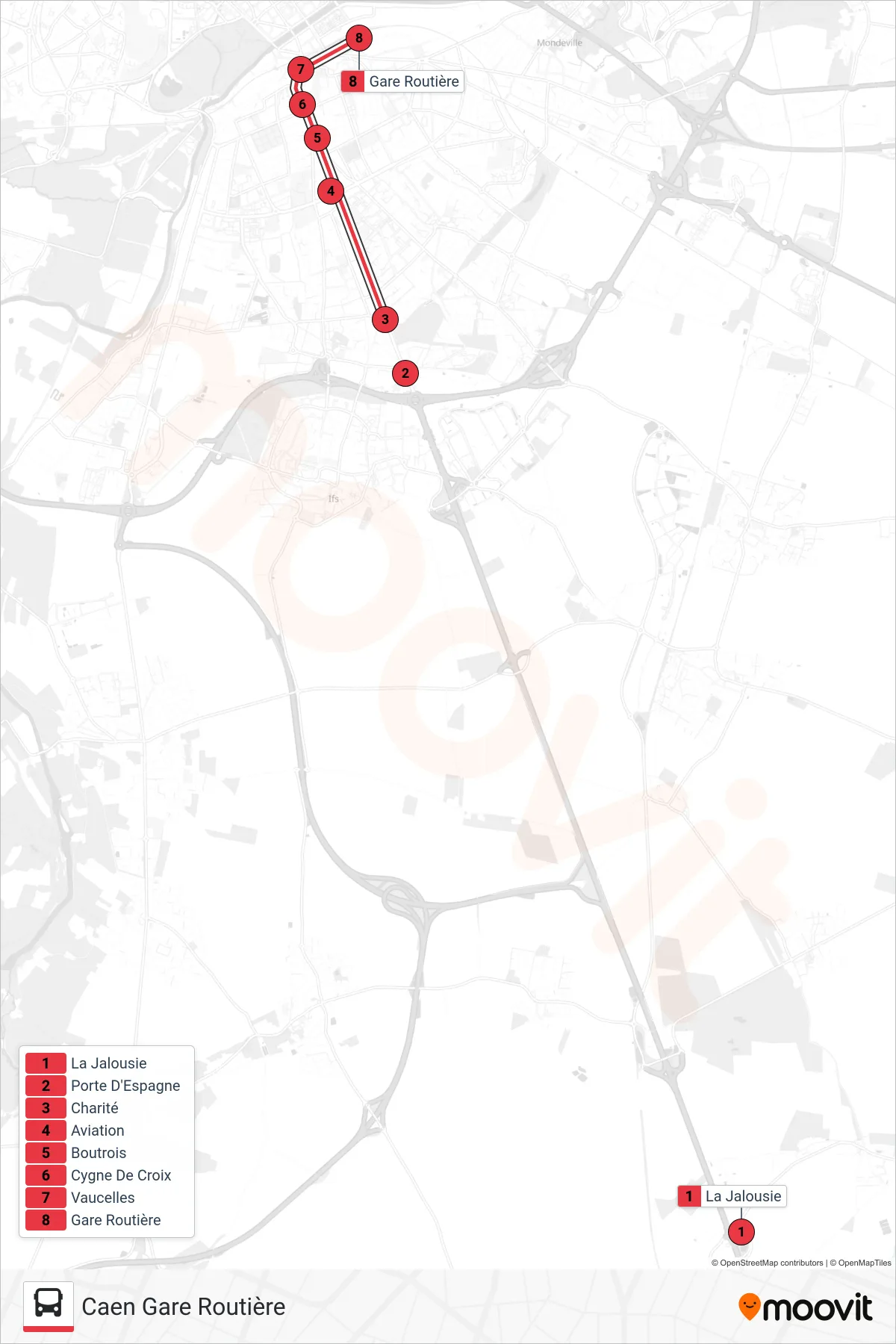 NOMAD 118 tram Line (Caen Gare Routière) route and stops on a map