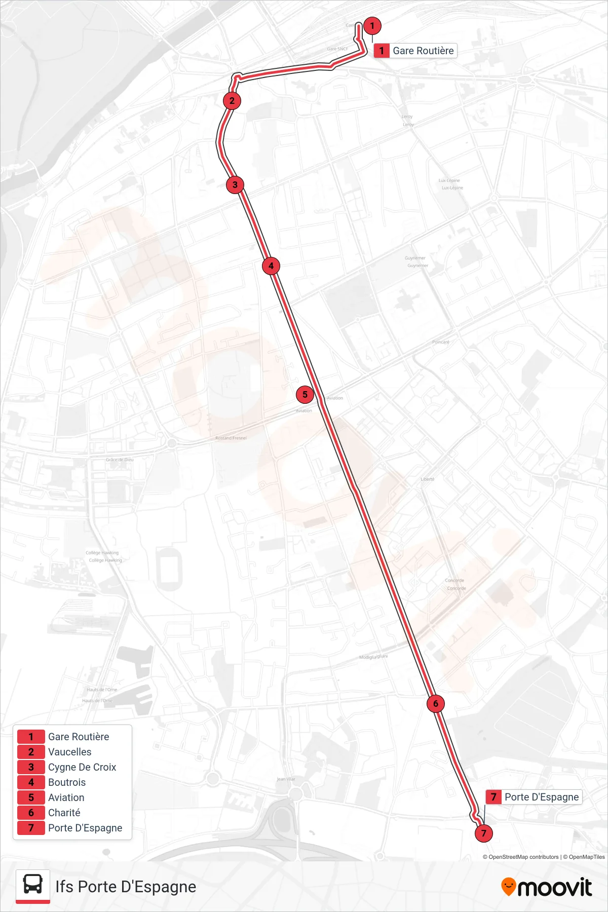 Tracé et arrêts de la ligne NOMAD 118 de tram (Ifs Porte D'Espagne) sur une carte