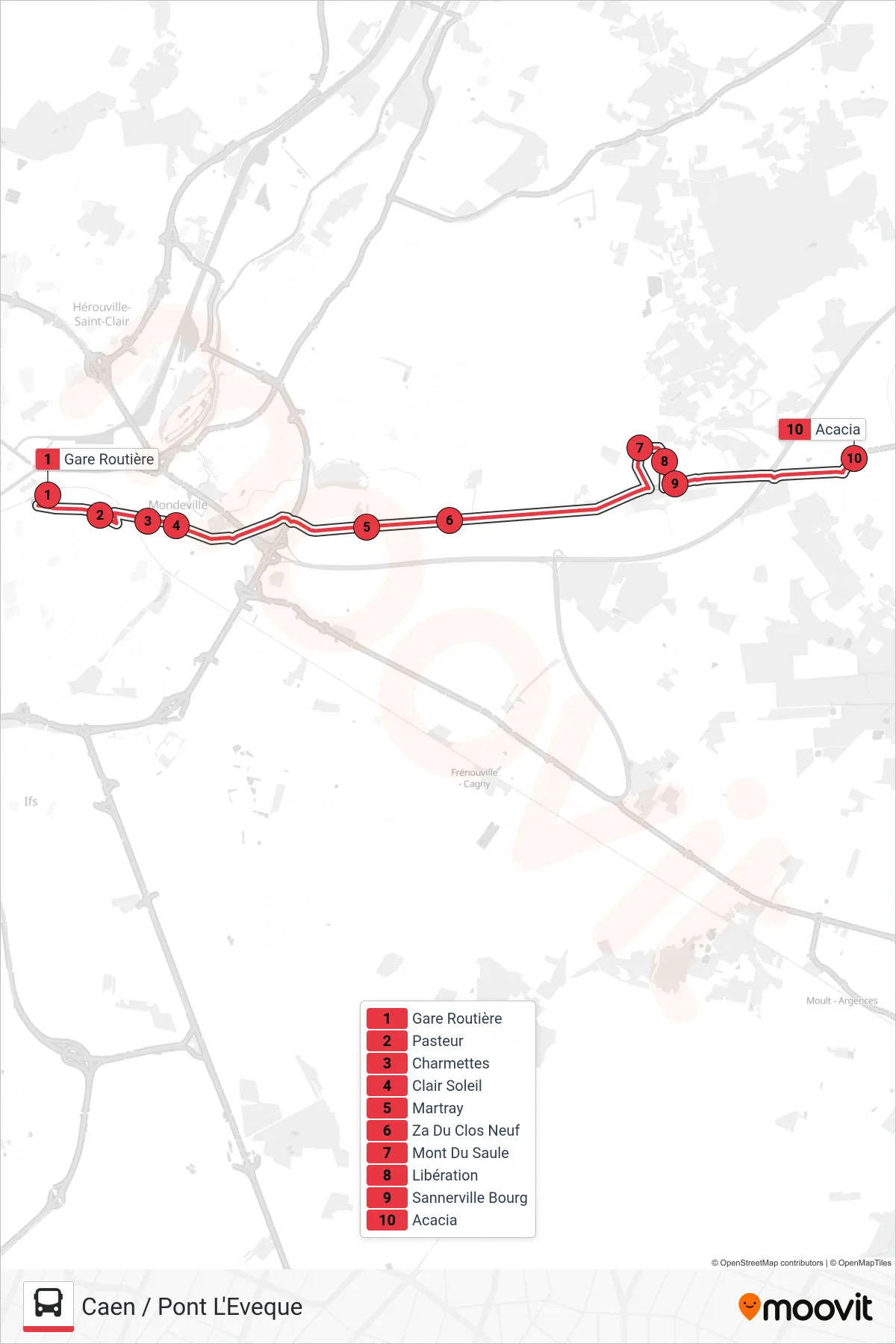 NOMAD 119 tram Line (Caen / Pont L'Eveque) route and stops on a map