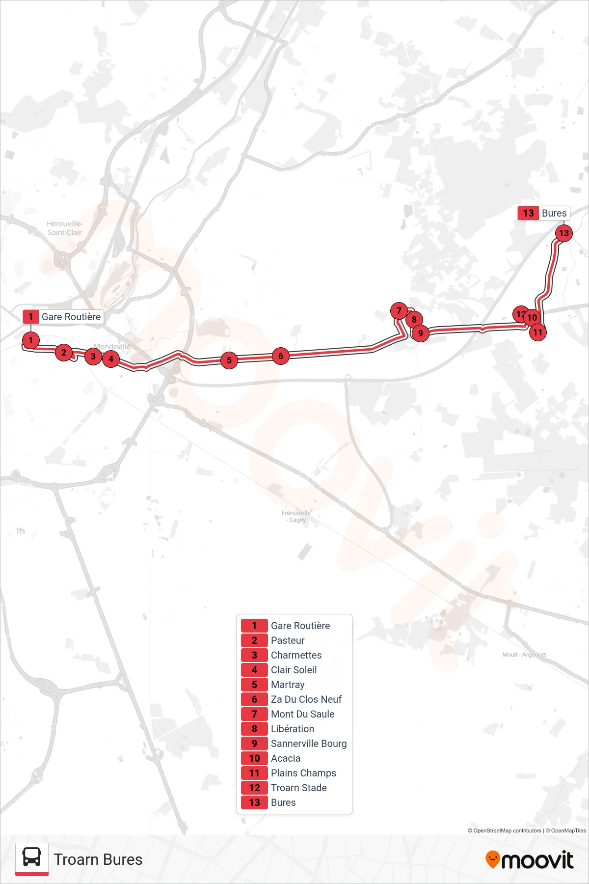 NOMAD 119 tram Line (Troarn Bures) route and stops on a map