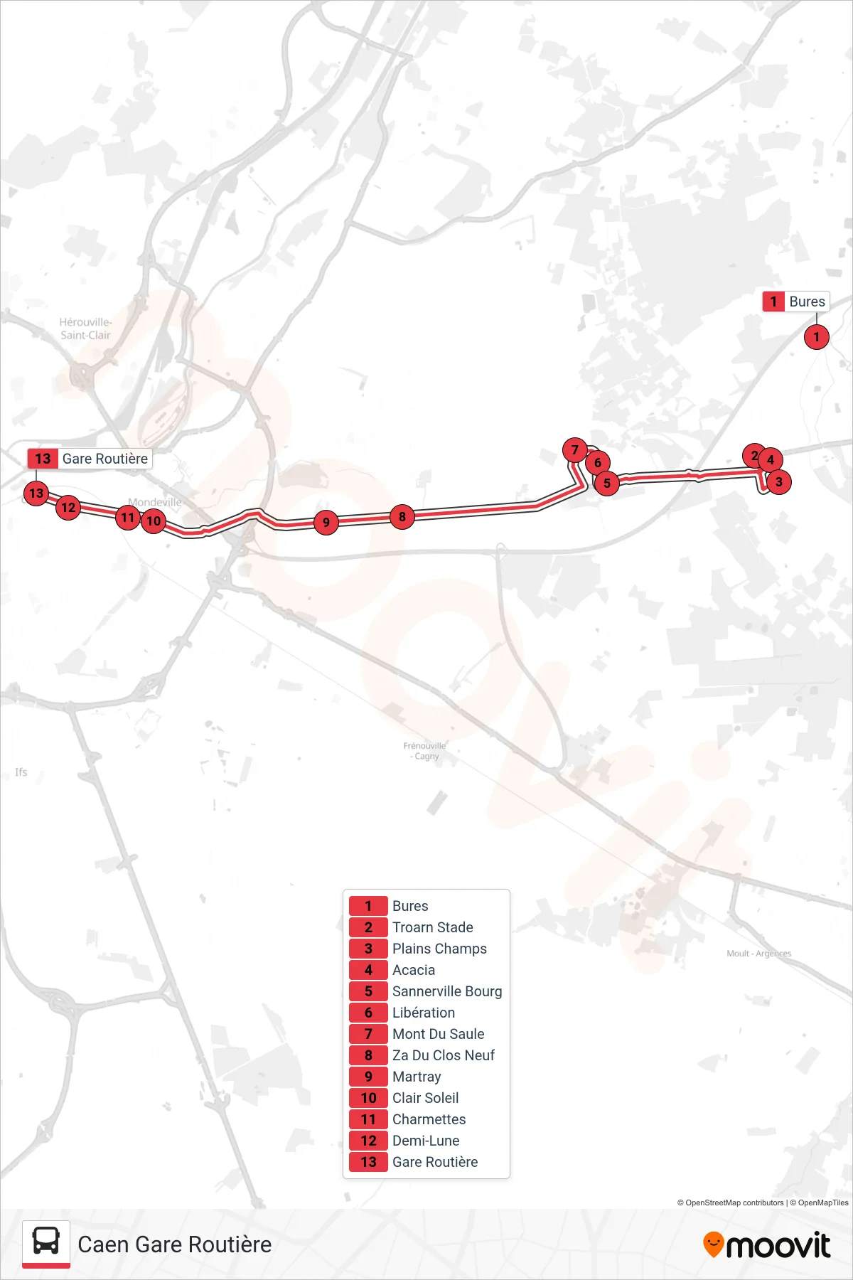 NOMAD 119 tram Line (Caen Gare Routière) route and stops on a map