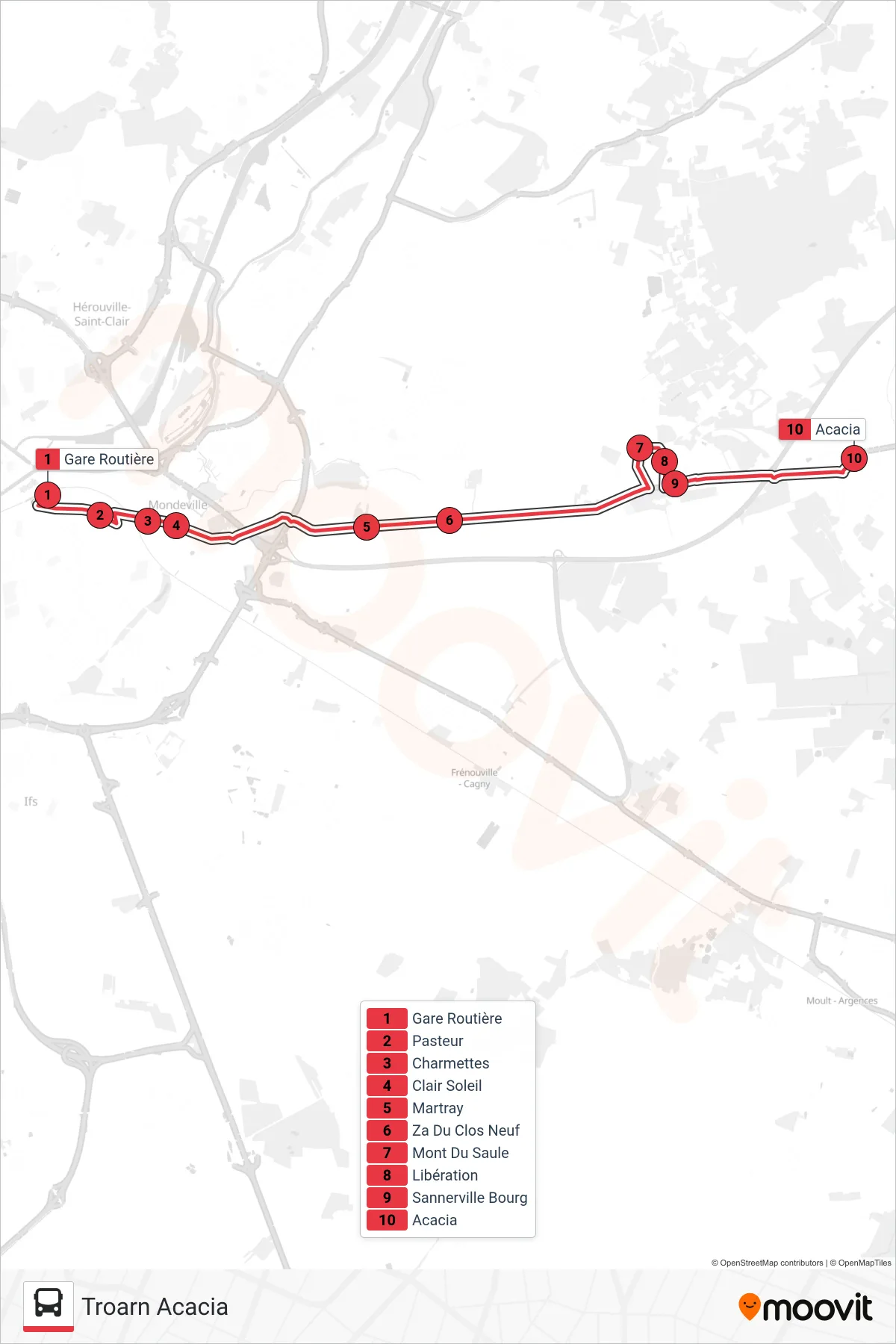 Tracé et arrêts de la ligne NOMAD 119 de tram (Troarn Acacia) sur une carte