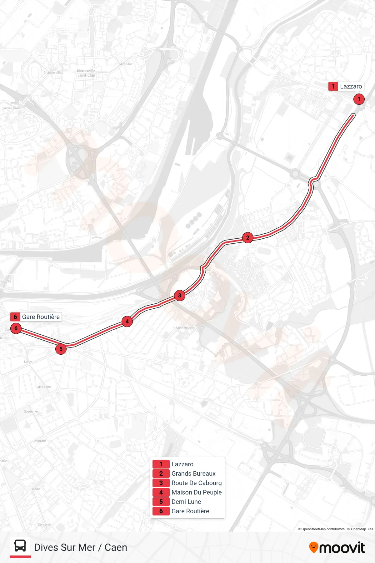 NOMAD 111A tram Line (Dives Sur Mer / Caen) route and stops on a map