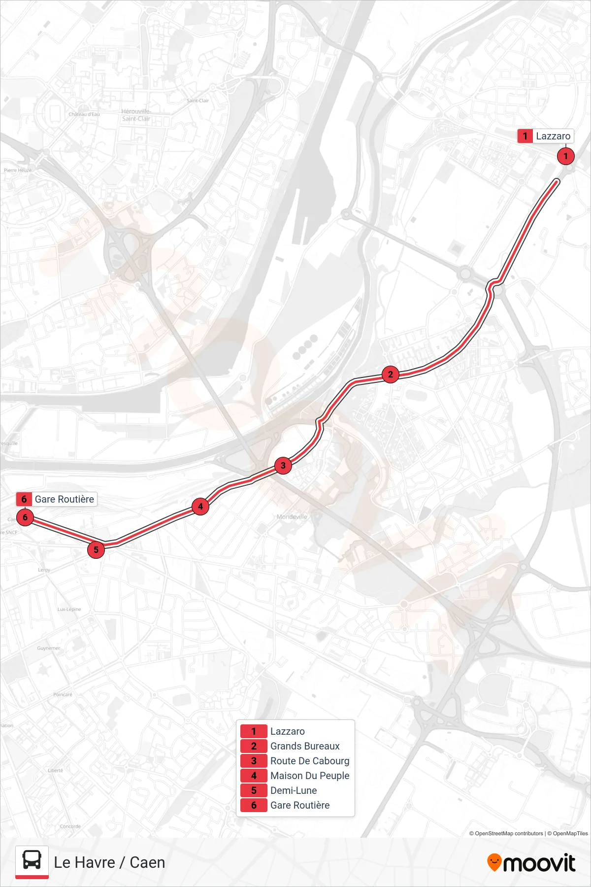 Tracé et arrêts de la ligne NOMAD 111A de tram (Le Havre / Caen) sur une carte