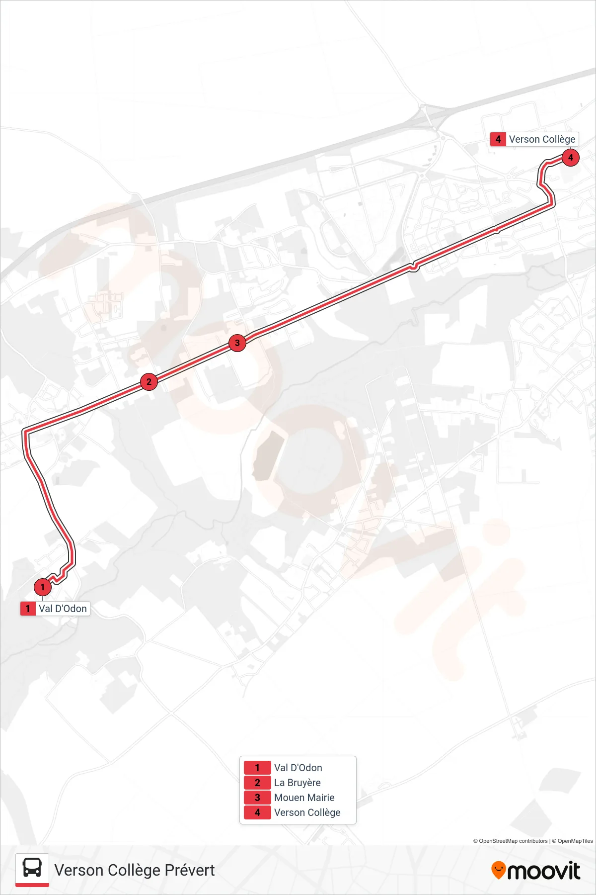 Tracé et arrêts de la ligne NOMAD 1801 de tram (Verson Collège Prévert) sur une carte