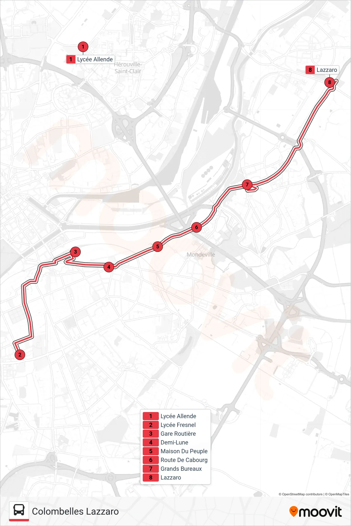 Tracé et arrêts de la ligne NOMAD 1951 de tram (Colombelles Lazzaro) sur une carte