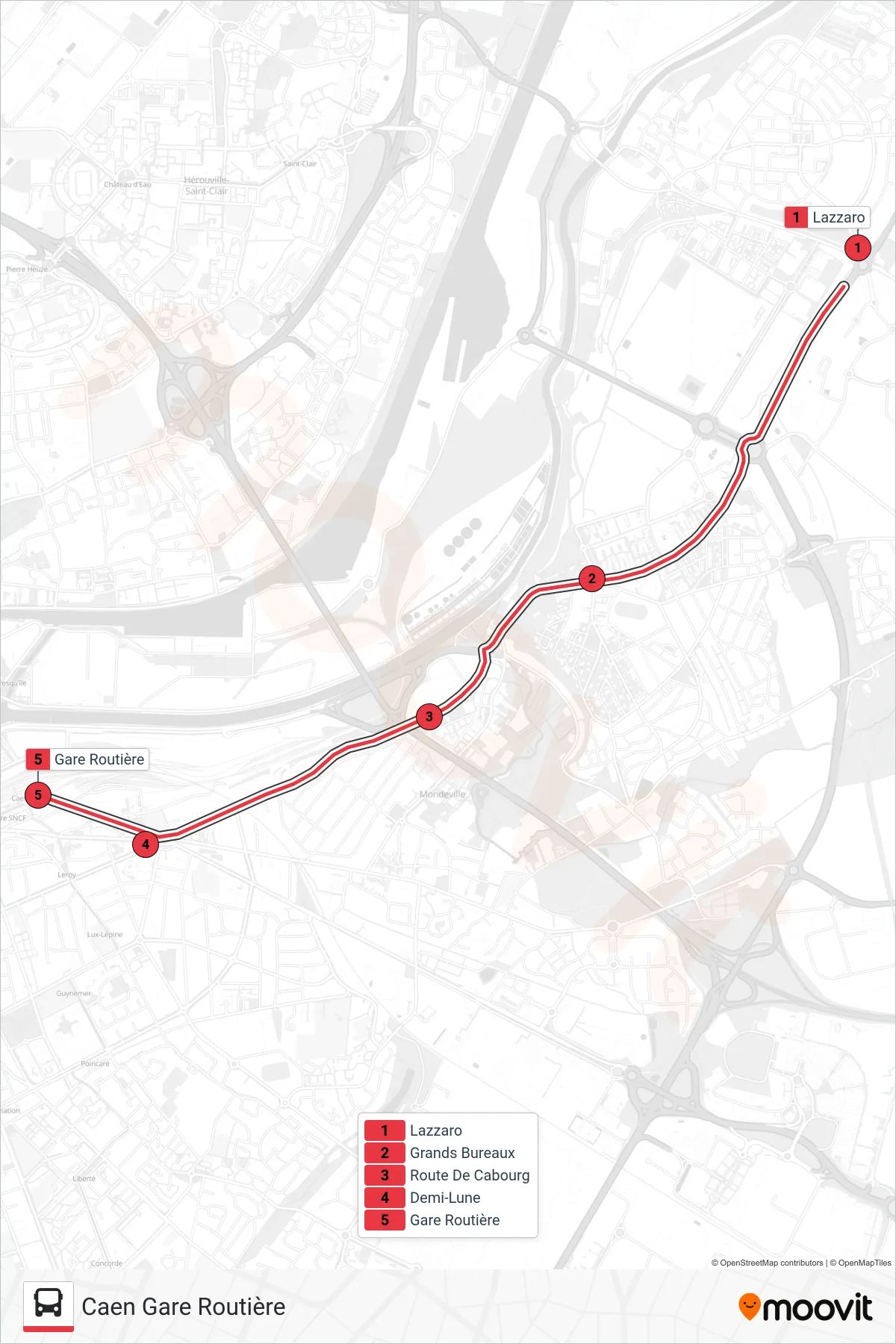 NOMAD 1951 tram Line (Caen Gare Routière) route and stops on a map