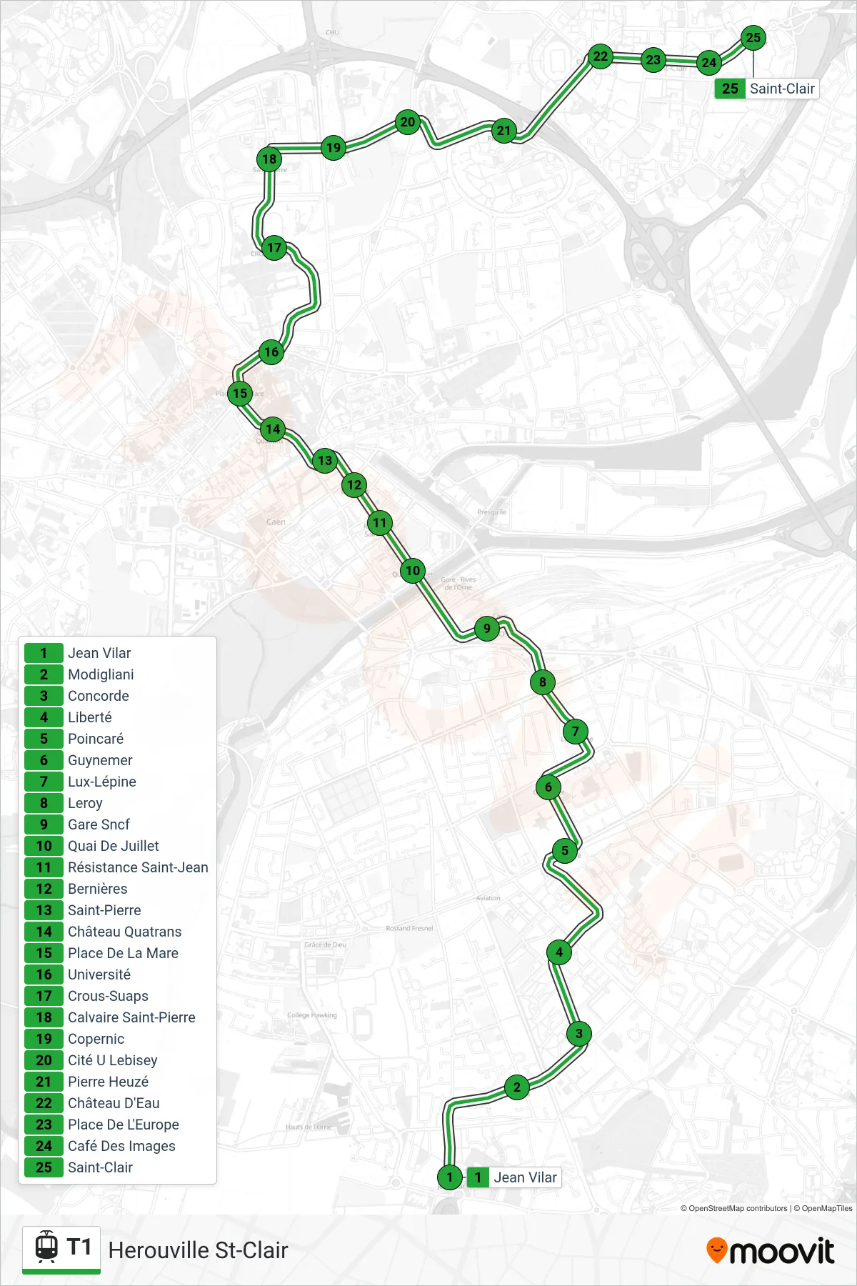 Tracé et arrêts de la ligne T1 de tram (Herouville St-Clair) sur une carte