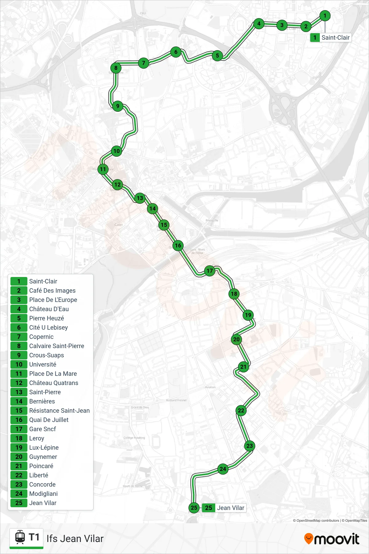 Tracé et arrêts de la ligne T1 de tram (Ifs Jean Vilar) sur une carte
