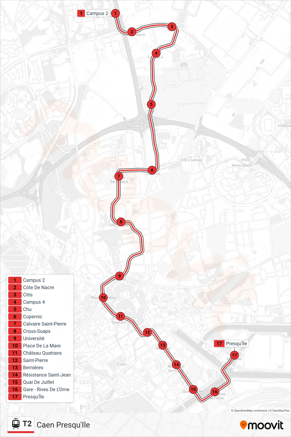 Tracé et arrêts de la ligne T2 de tram (Caen Presqu'Ile) sur une carte