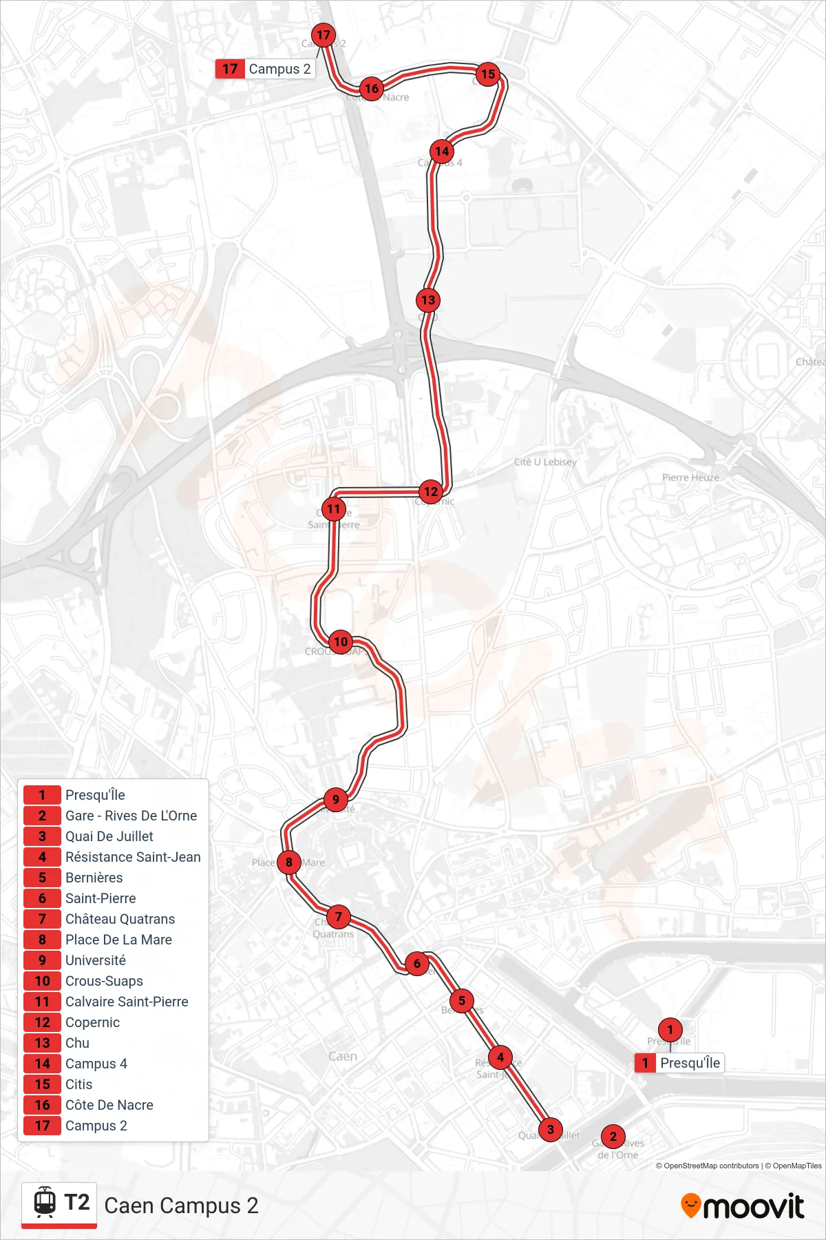 Tracé et arrêts de la ligne T2 de tram (Caen Campus 2) sur une carte
