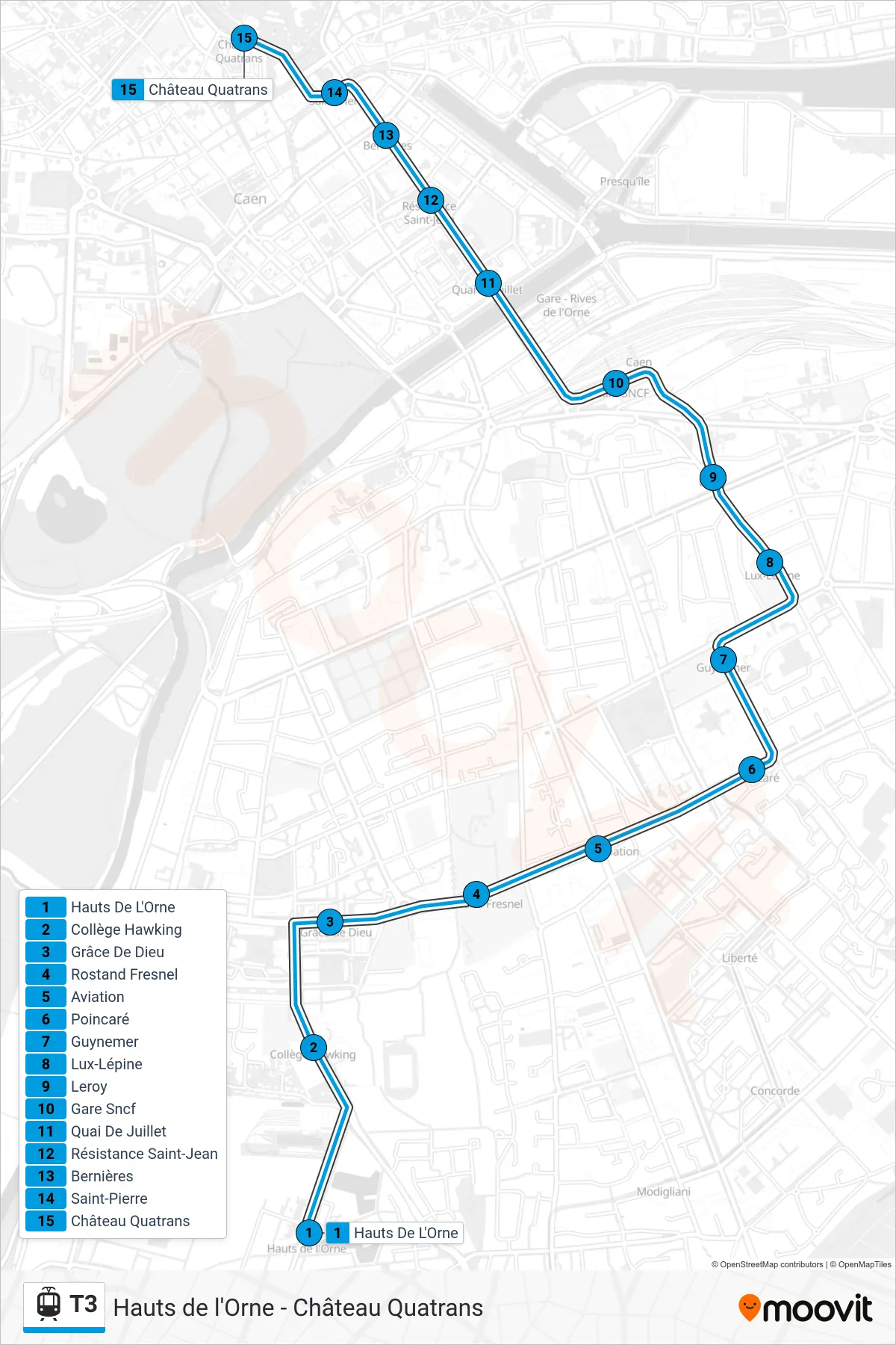T3 light rail Line (Caen Château Quatrans) route and stops on a map