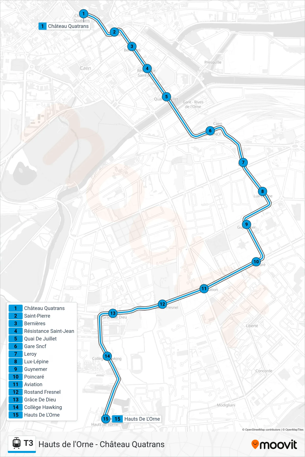 Tracé et arrêts de la ligne T3 de tram (Fleury Hauts De L'Orne) sur une carte