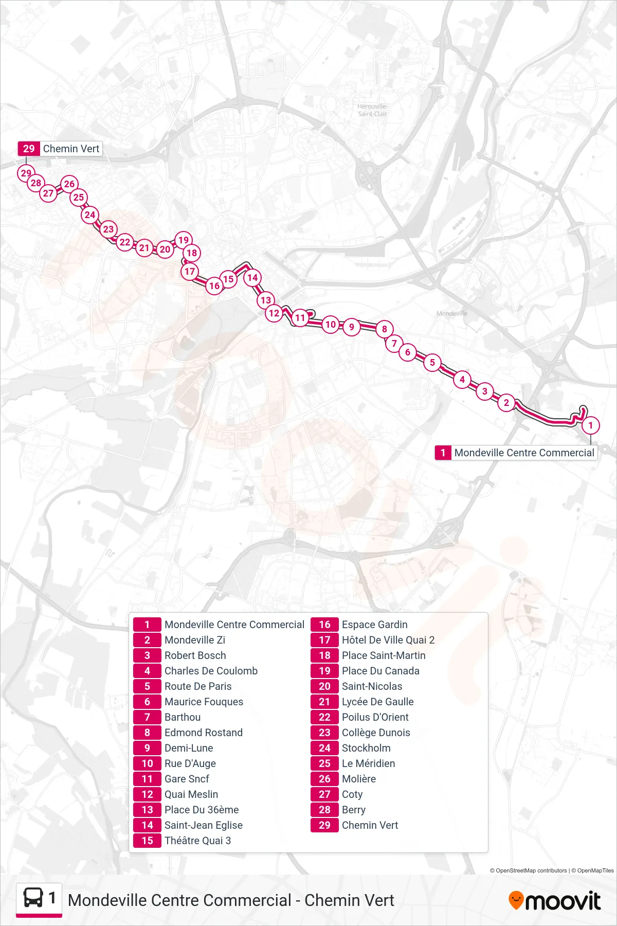 Tracé et arrêts de la ligne 1 de bus (Caen Chemin Vert) sur une carte