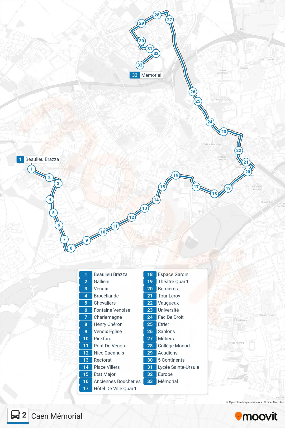Tracé et arrêts de la ligne 2 de bus (Caen Mémorial) sur une carte