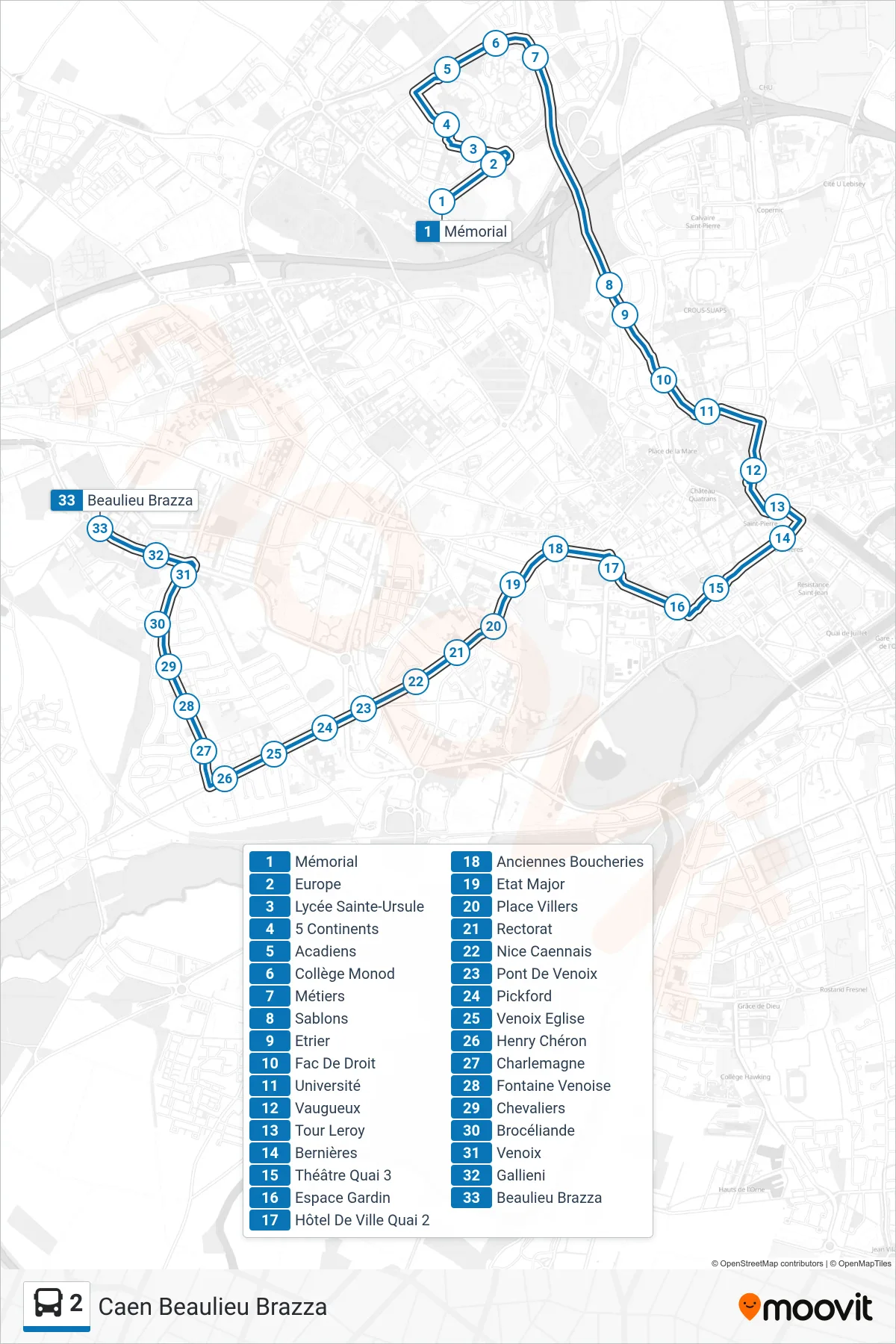 Tracé et arrêts de la ligne 2 de bus (Caen Beaulieu Brazza) sur une carte
