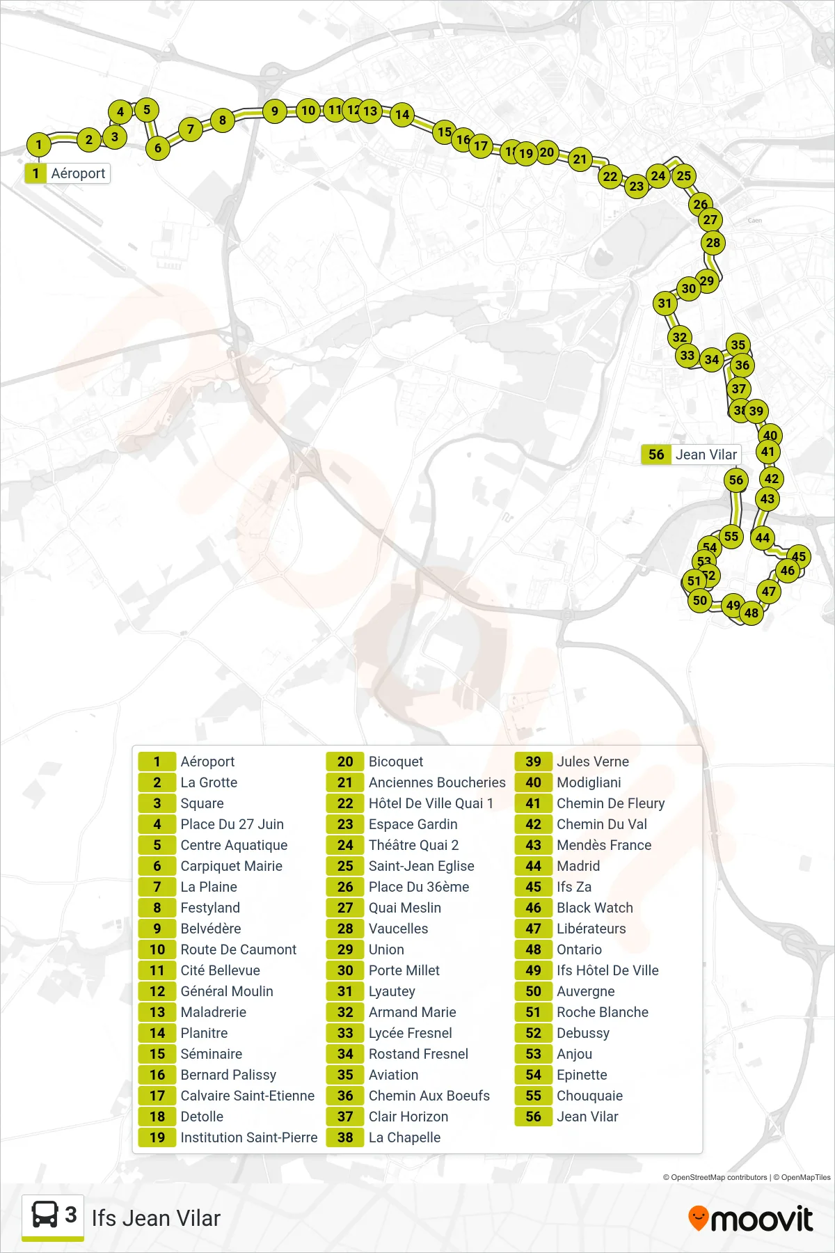 Tracé et arrêts de la ligne 3 de bus (Ifs Jean Vilar) sur une carte