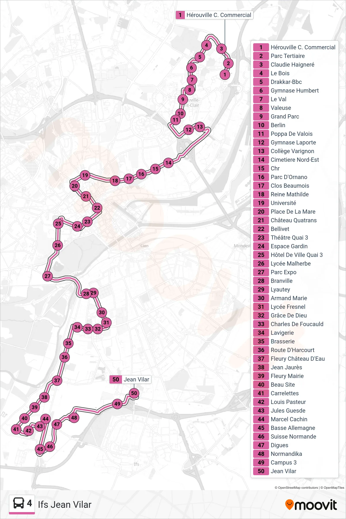 4 bus Line (Ifs Jean Vilar) route and stops on a map