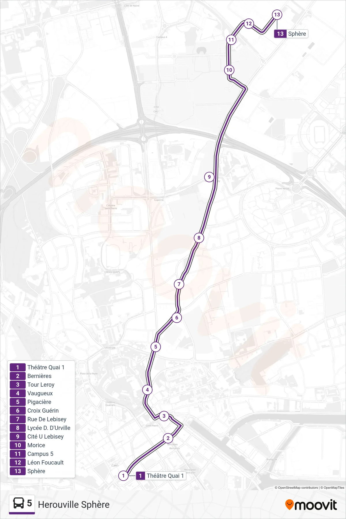 Tracé et arrêts de la ligne 5 de bus (Herouville Sphère) sur une carte