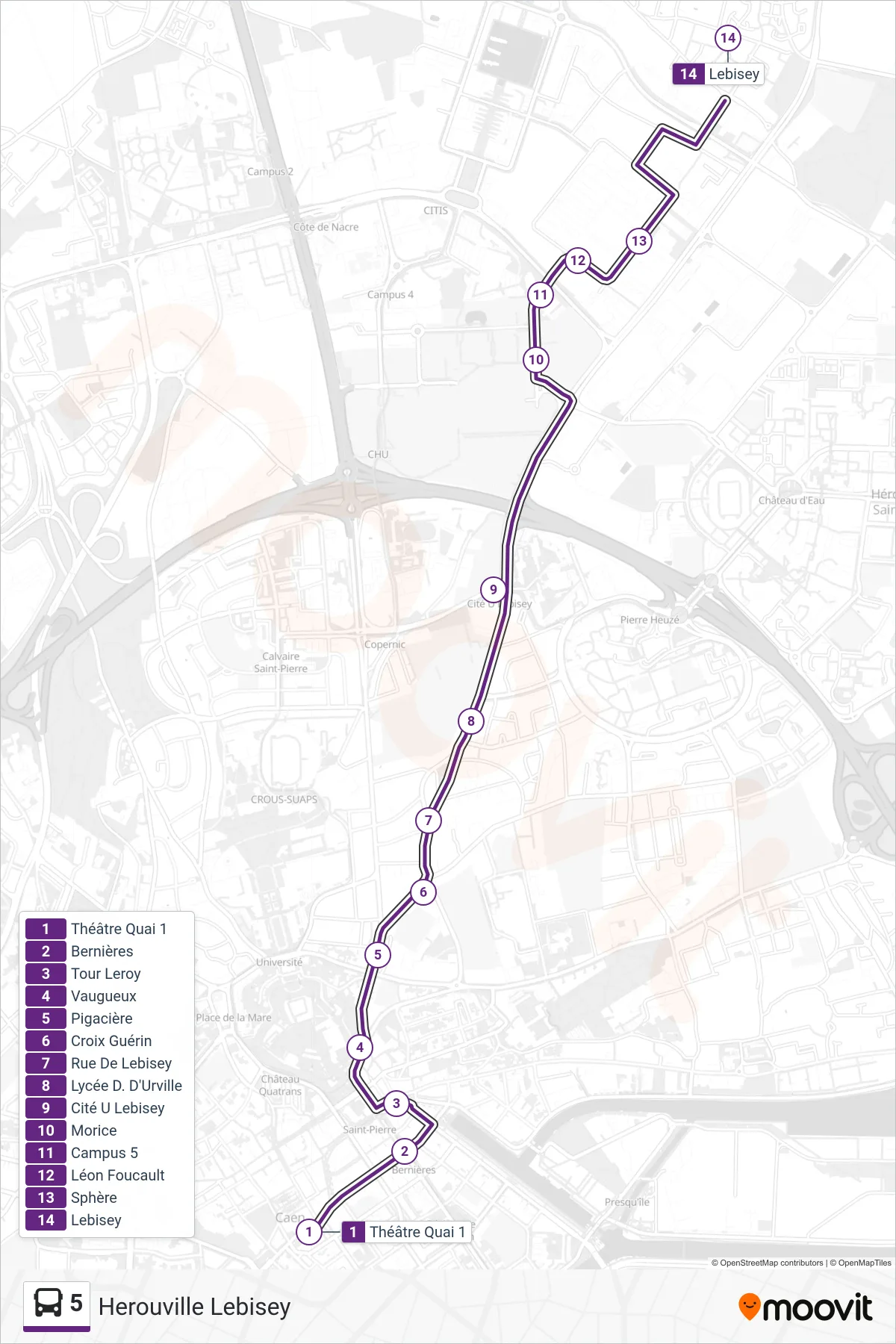 Recorrido y paradas de la línea 5 de autobús (Herouville Lebisey) en el mapa